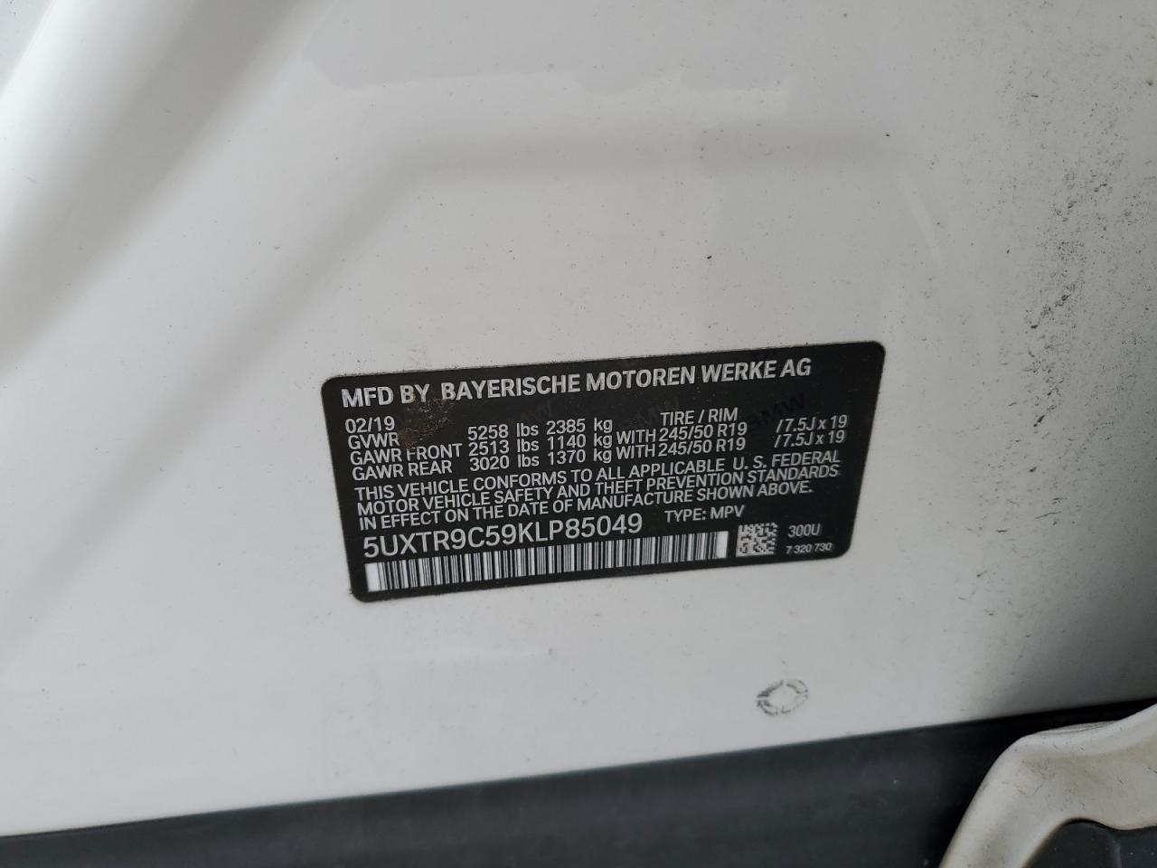 2019 BMW X3 xDrive30I VIN: 5UXTR9C59KLP85049 Lot: 57913864