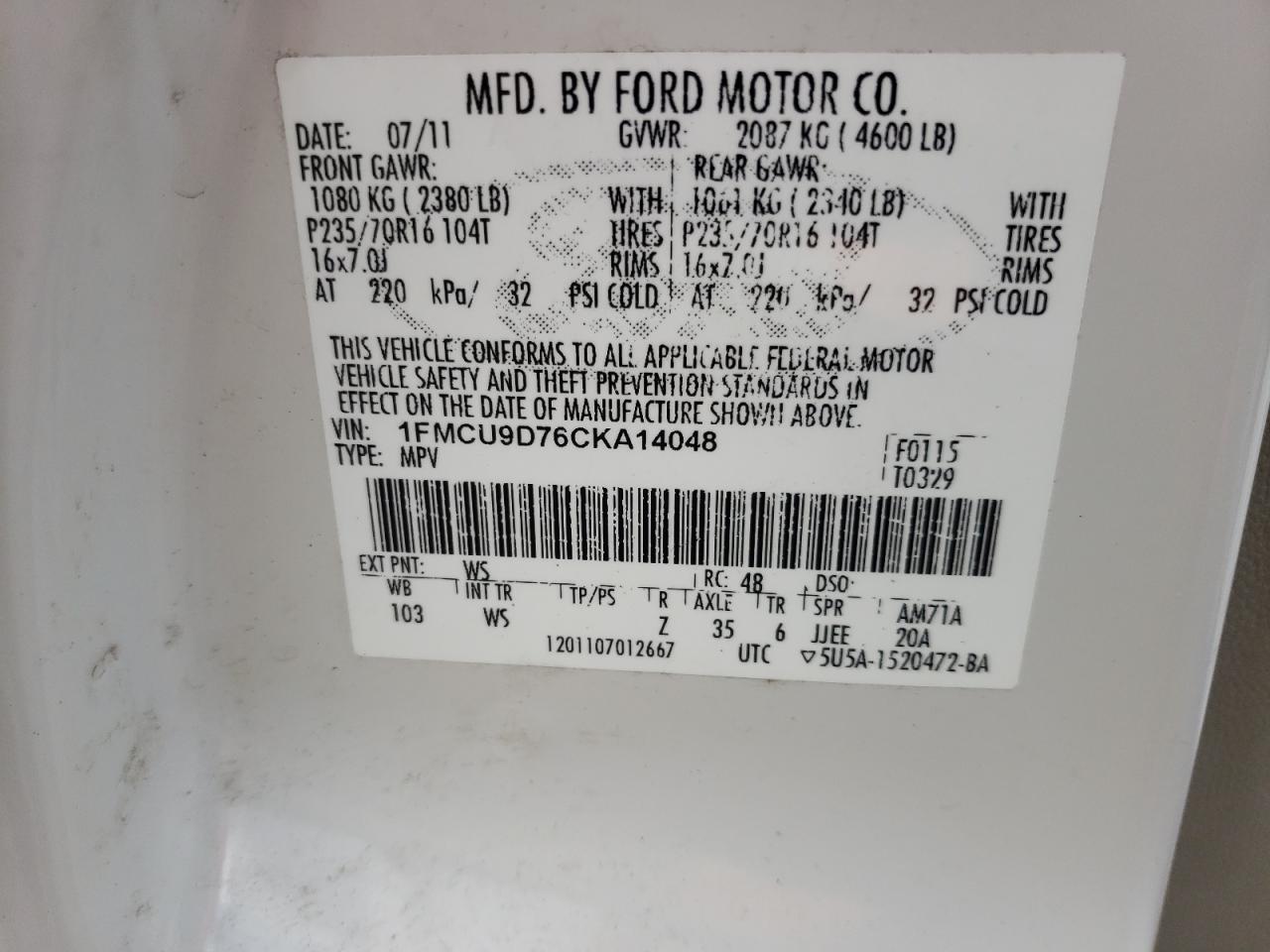 2012 Ford Escape Xlt VIN: 1FMCU9D76CKA14048 Lot: 58054334