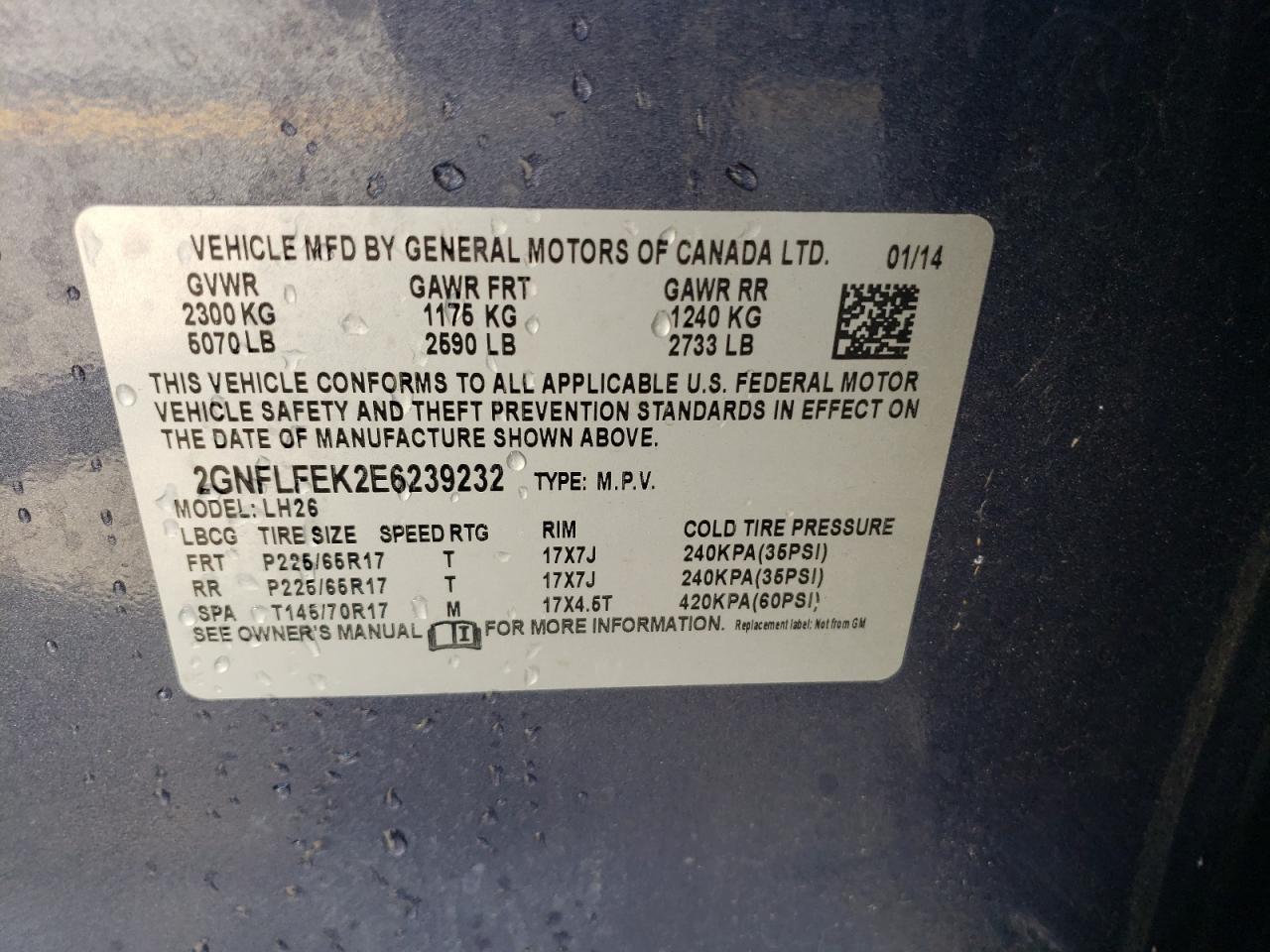 2GNFLFEK2E6239232 2014 Chevrolet Equinox Lt