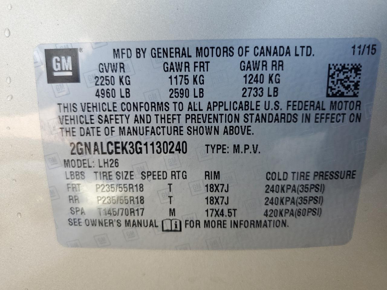 2GNALCEK3G1130240 2016 Chevrolet Equinox Lt