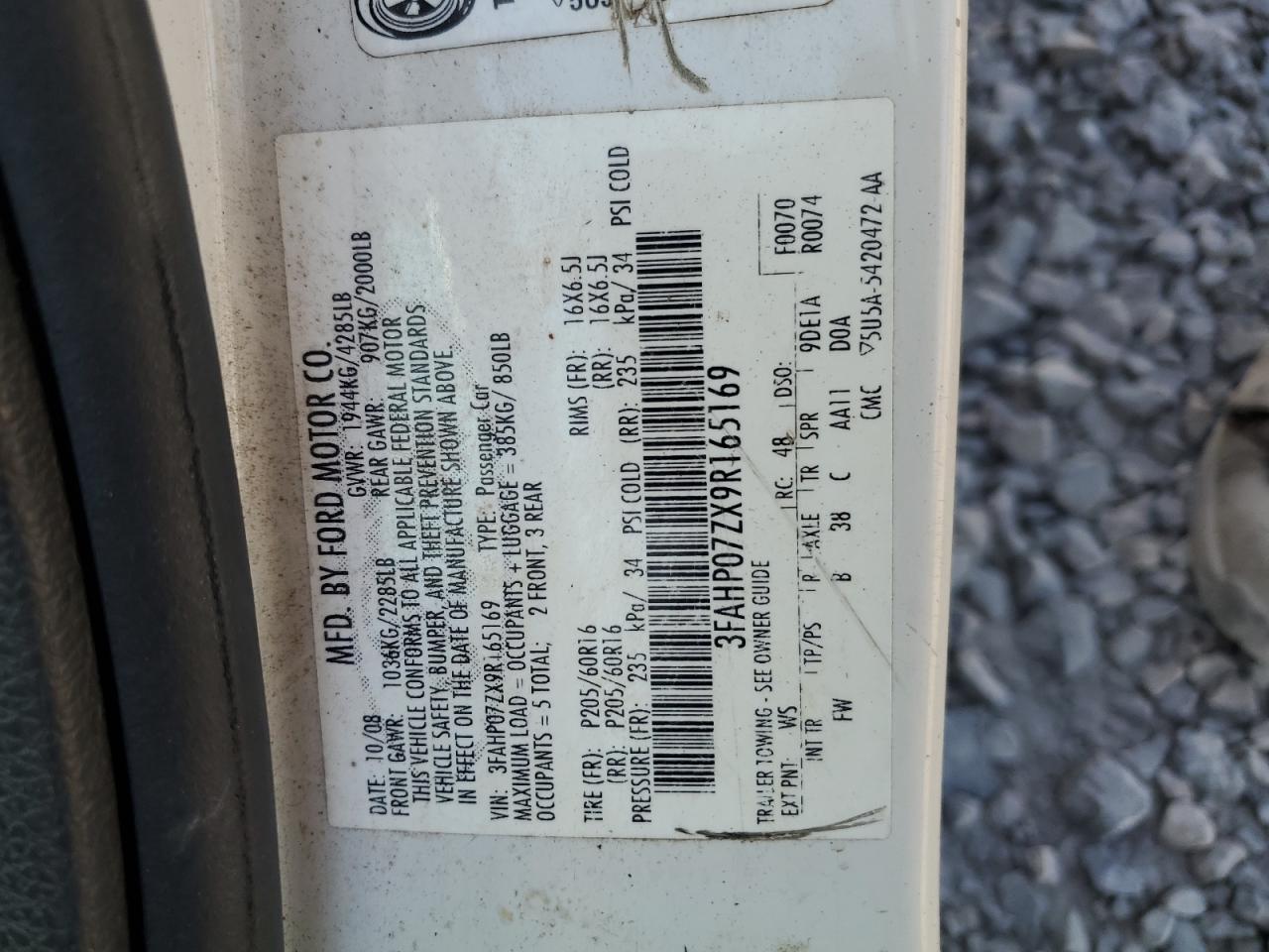 2009 Ford Fusion Se VIN: 3FAHP07ZX9R165169 Lot: 60517644