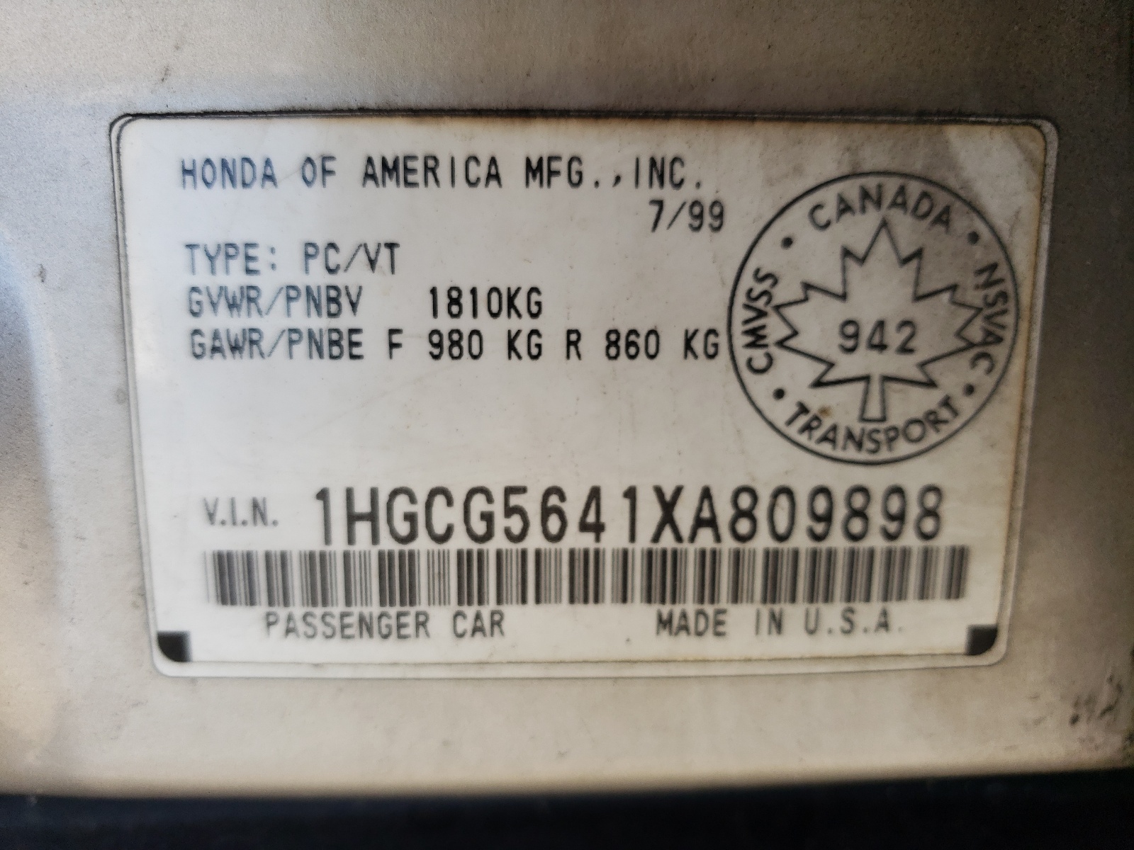 1HGCG5641XA809898 1999 Honda Accord Lx