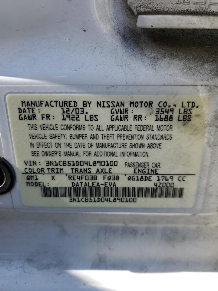 2004 Nissan Sentra 1.8 VIN: 3N1CB51D04L890100 Lot: 60687124