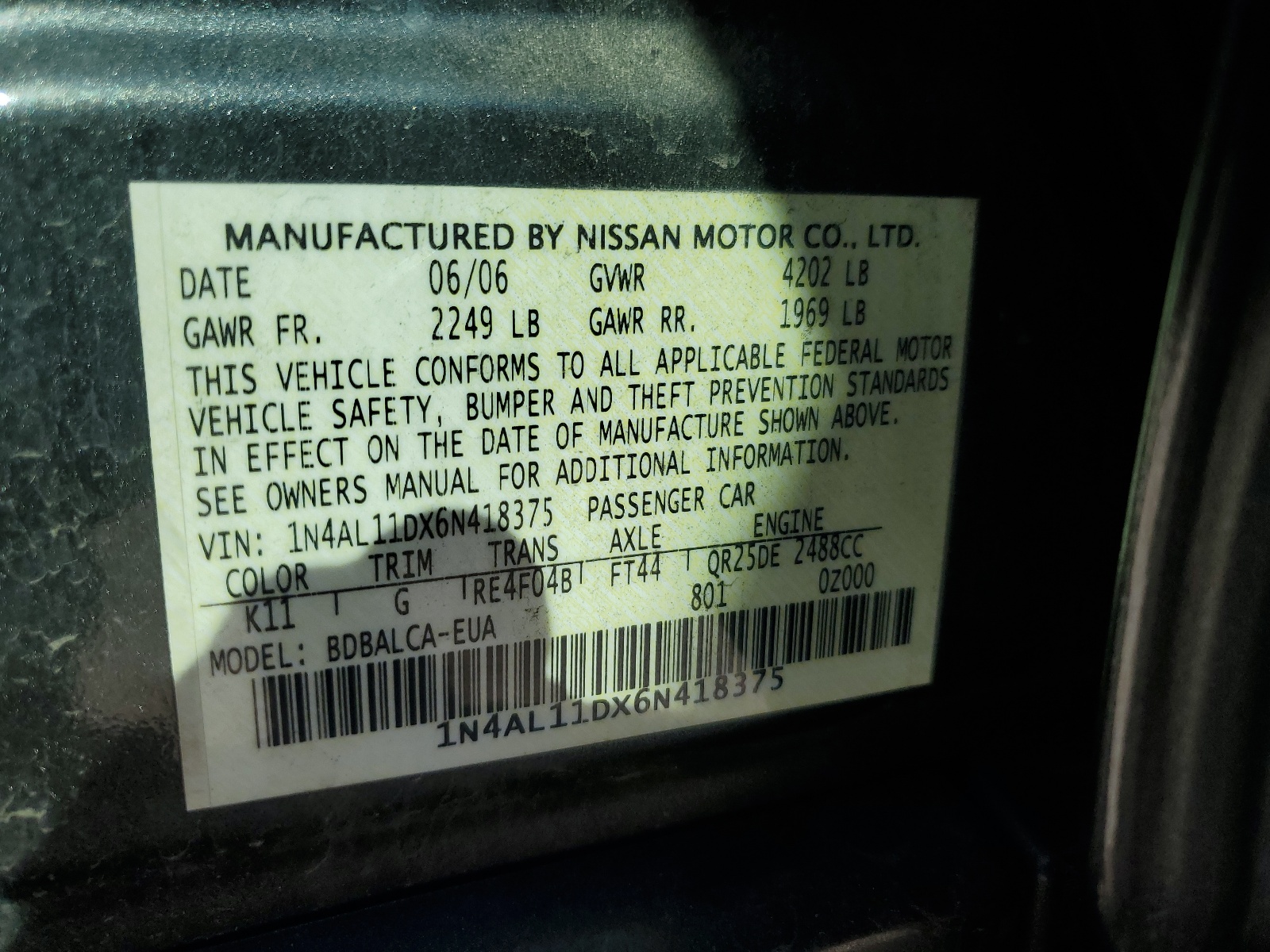 1N4AL11DX6N418375 2006 Nissan Altima S