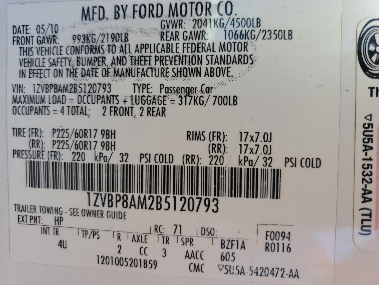 2011 Ford Mustang VIN: 1ZVBP8AM2B5120793 Lot: 60348534