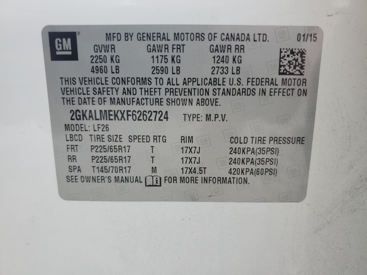 2015 GMC Terrain Sle VIN: 2GKALMEKXF6262724 Lot: 59966654