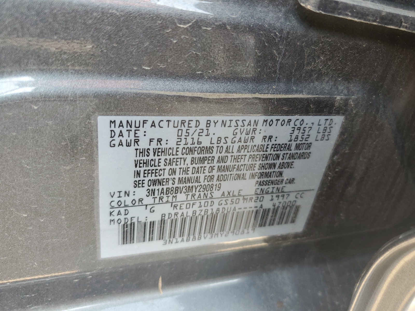 3N1AB8BV3MY290819 2021 Nissan Sentra S