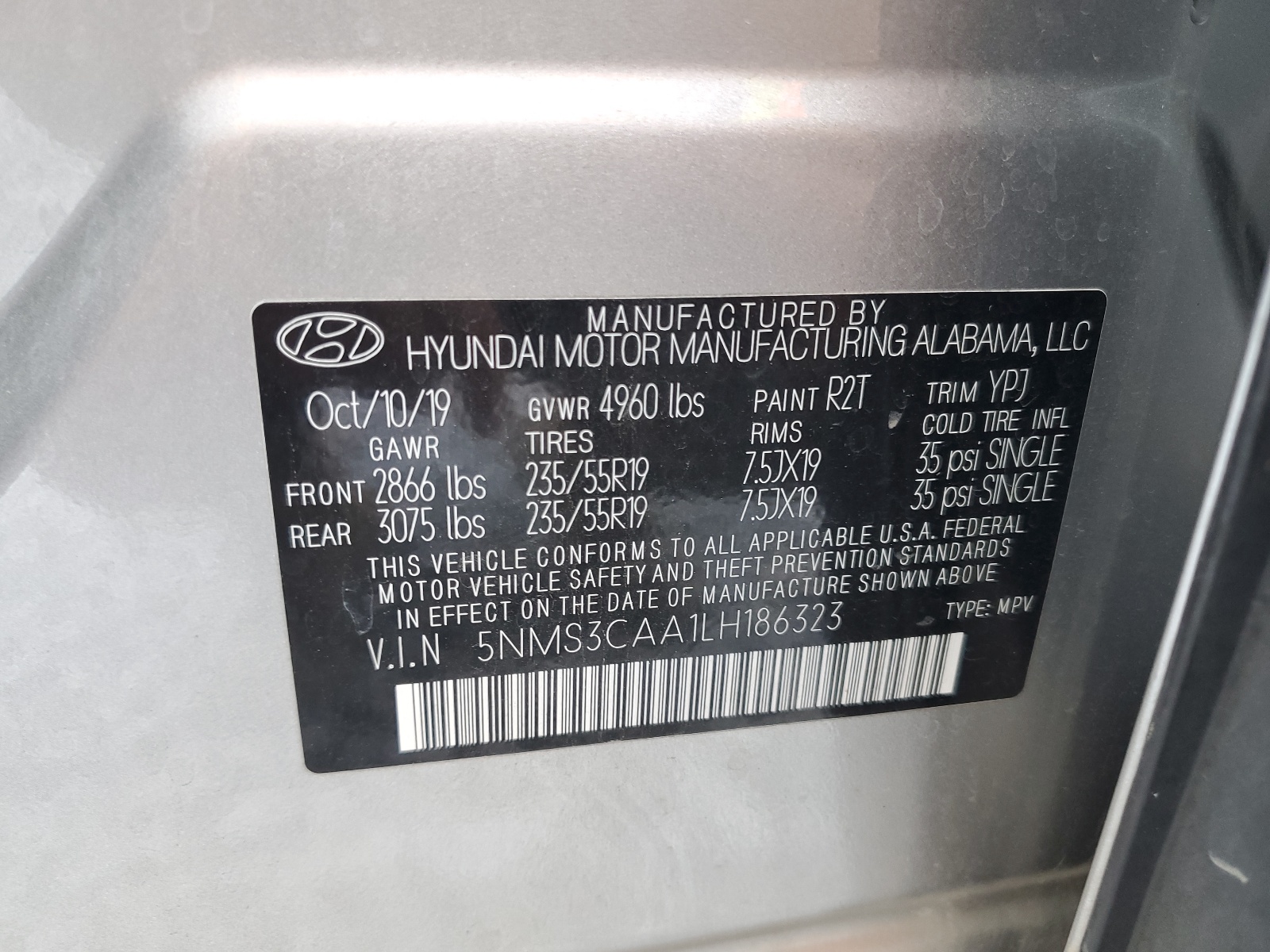 5NMS3CAA1LH186323 2020 Hyundai Santa Fe Sel