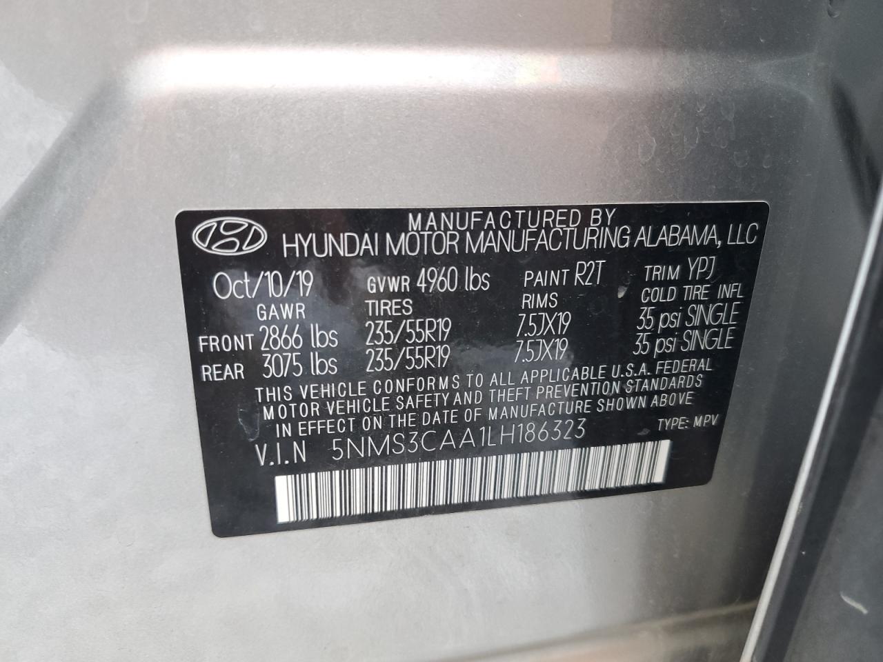 2020 Hyundai Santa Fe Sel VIN: 5NMS3CAA1LH186323 Lot: 58419494