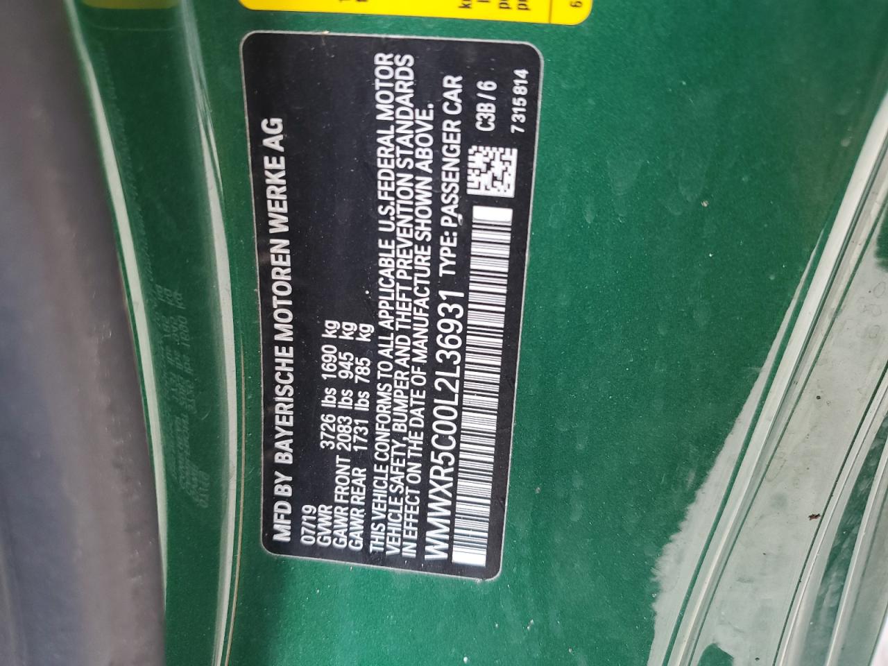 2020 Mini Cooper S VIN: WMWXR5C00L2L36931 Lot: 63902334