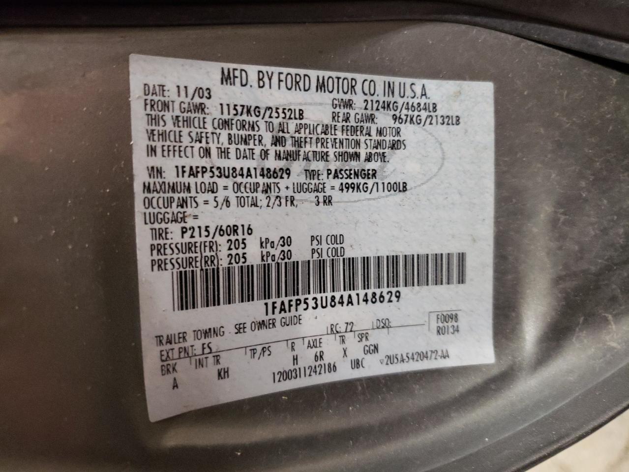 2004 Ford Taurus Se VIN: 1FAFP53U84A148629 Lot: 58963194