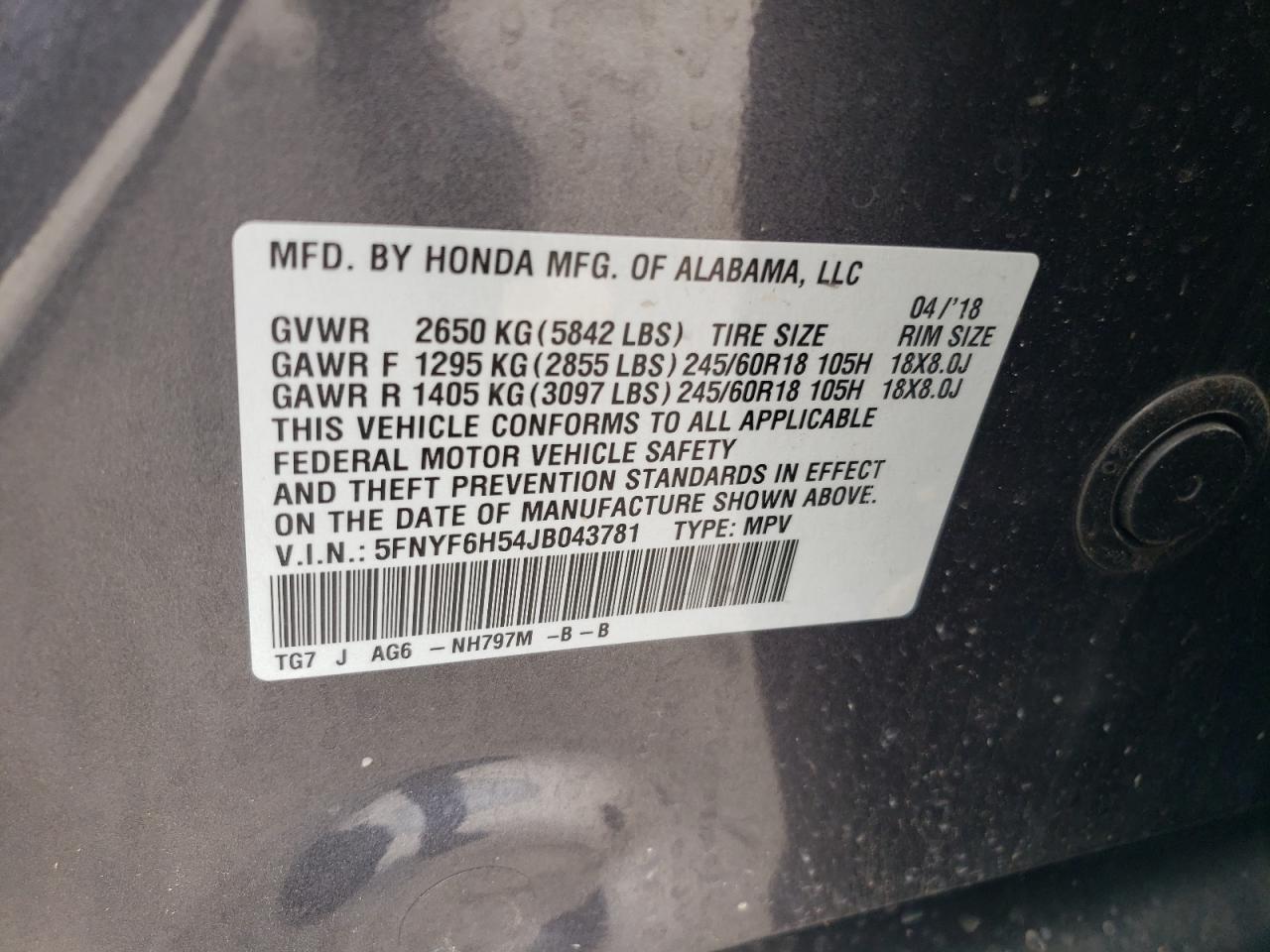 2018 Honda Pilot Exl VIN: 5FNYF6H54JB043781 Lot: 58573044