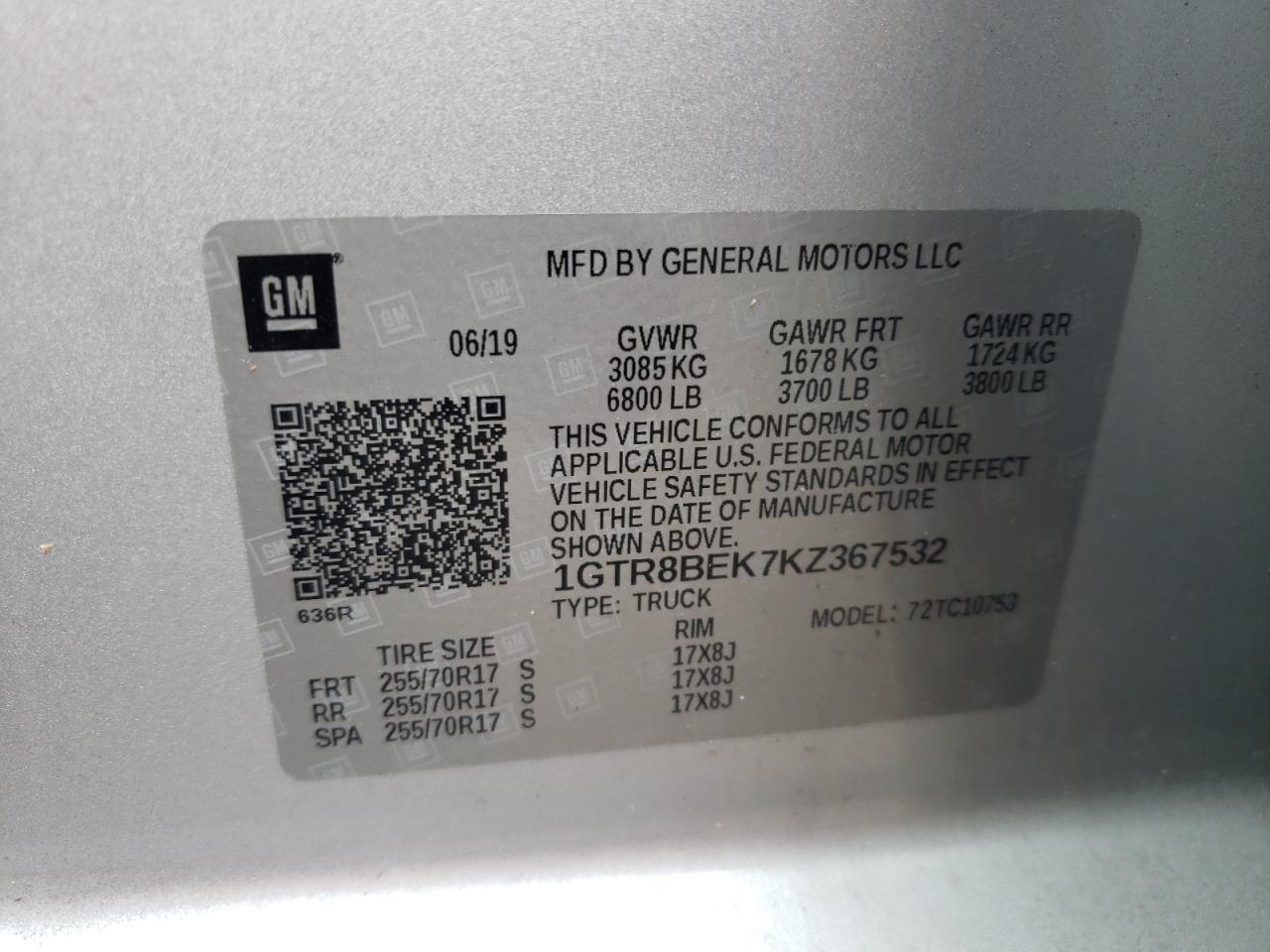 2019 GMC Sierra C1500 Sle VIN: 1GTR8BEK7KZ367532 Lot: 57525974