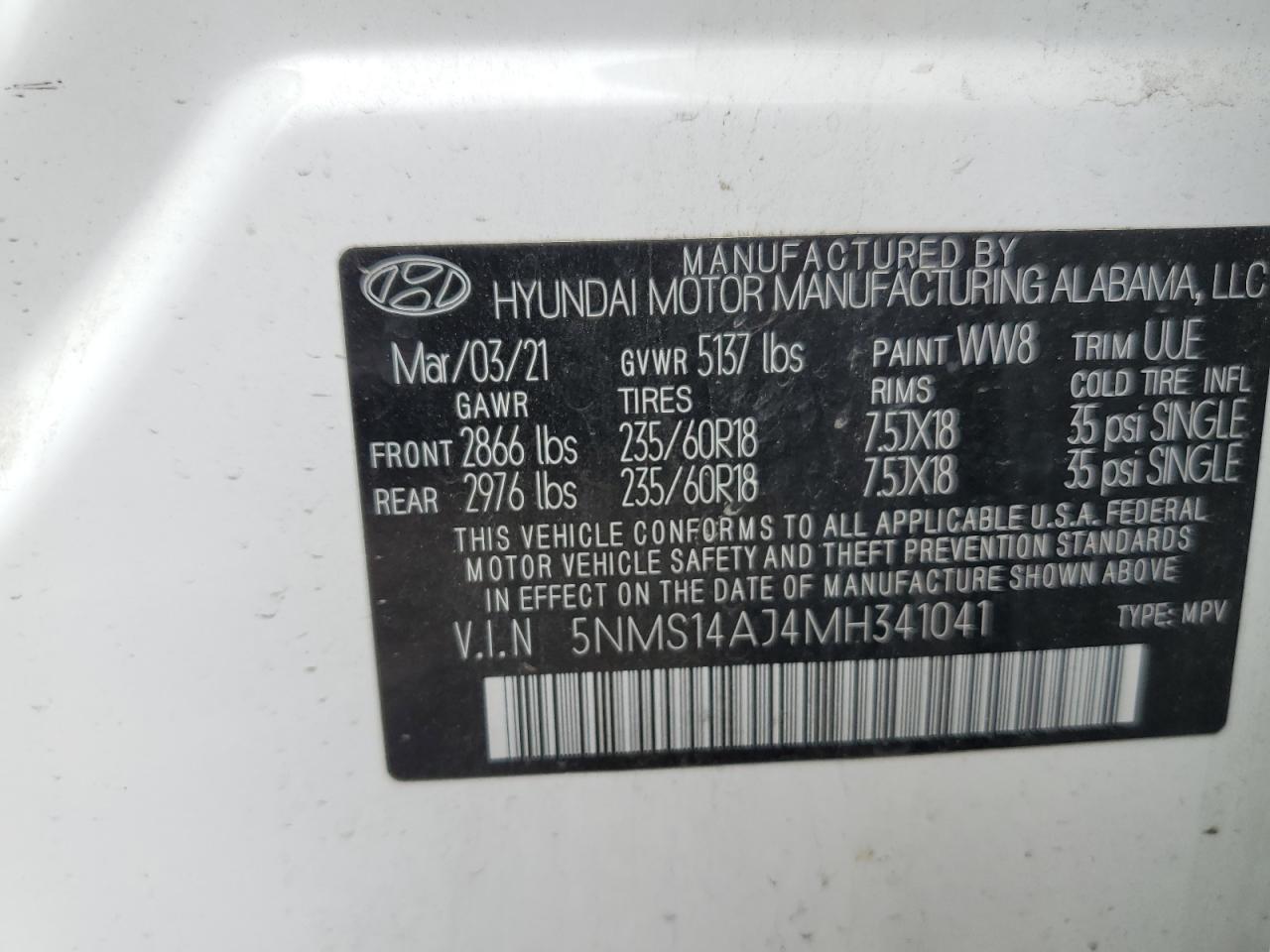 5NMS14AJ4MH341041 2021 Hyundai Santa Fe Se