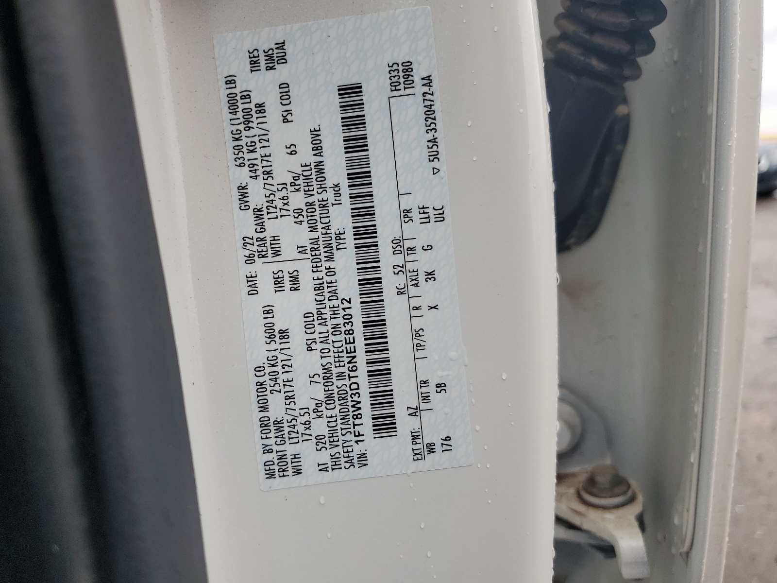 1FT8W3DT6NEE83012 2022 Ford F350 Super Duty