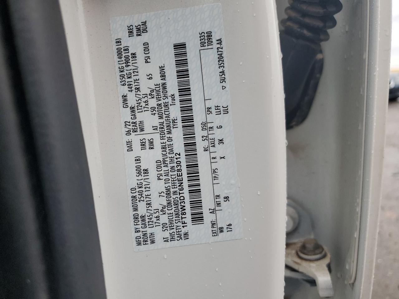 2022 Ford F350 Super Duty VIN: 1FT8W3DT6NEE83012 Lot: 59674354