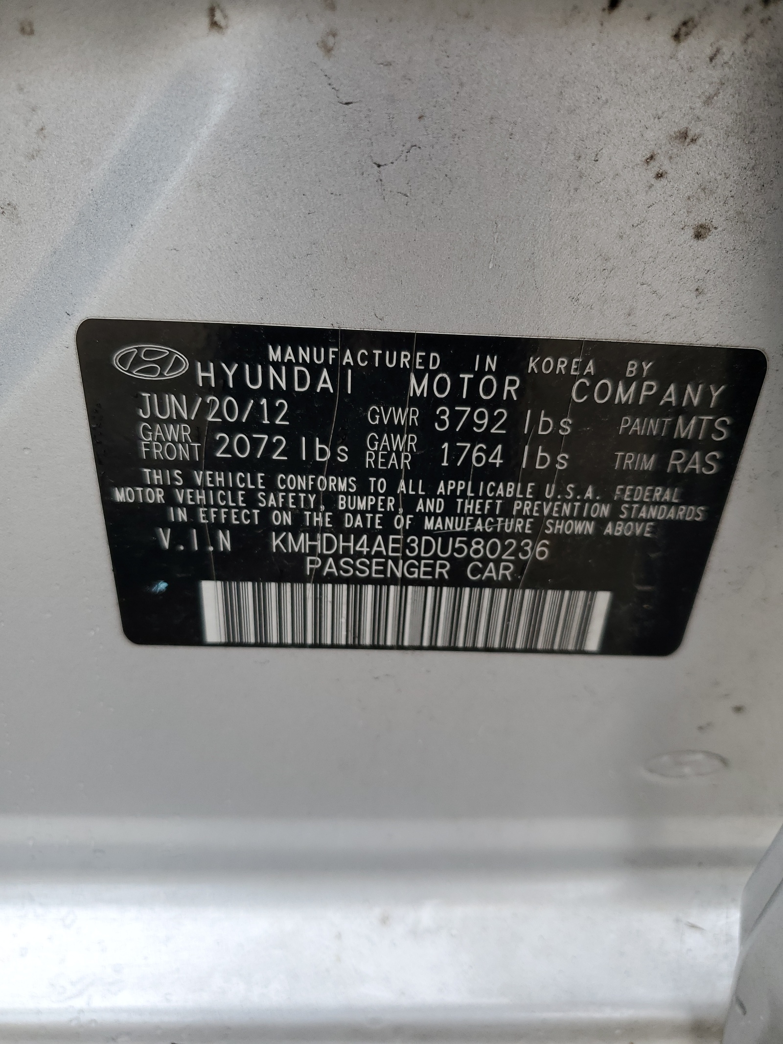 KMHDH4AE3DU580236 2013 Hyundai Elantra Gls