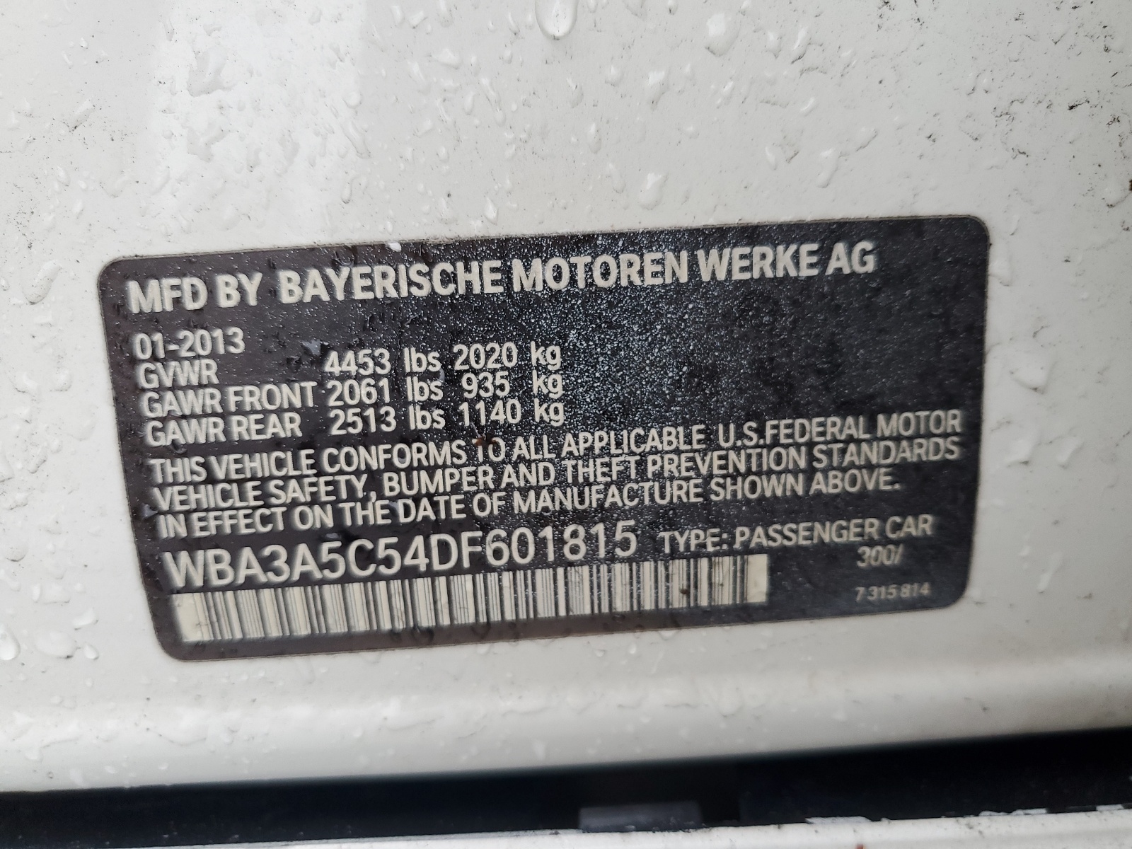 2013 BMW 328 I vin: WBA3A5C54DF601815