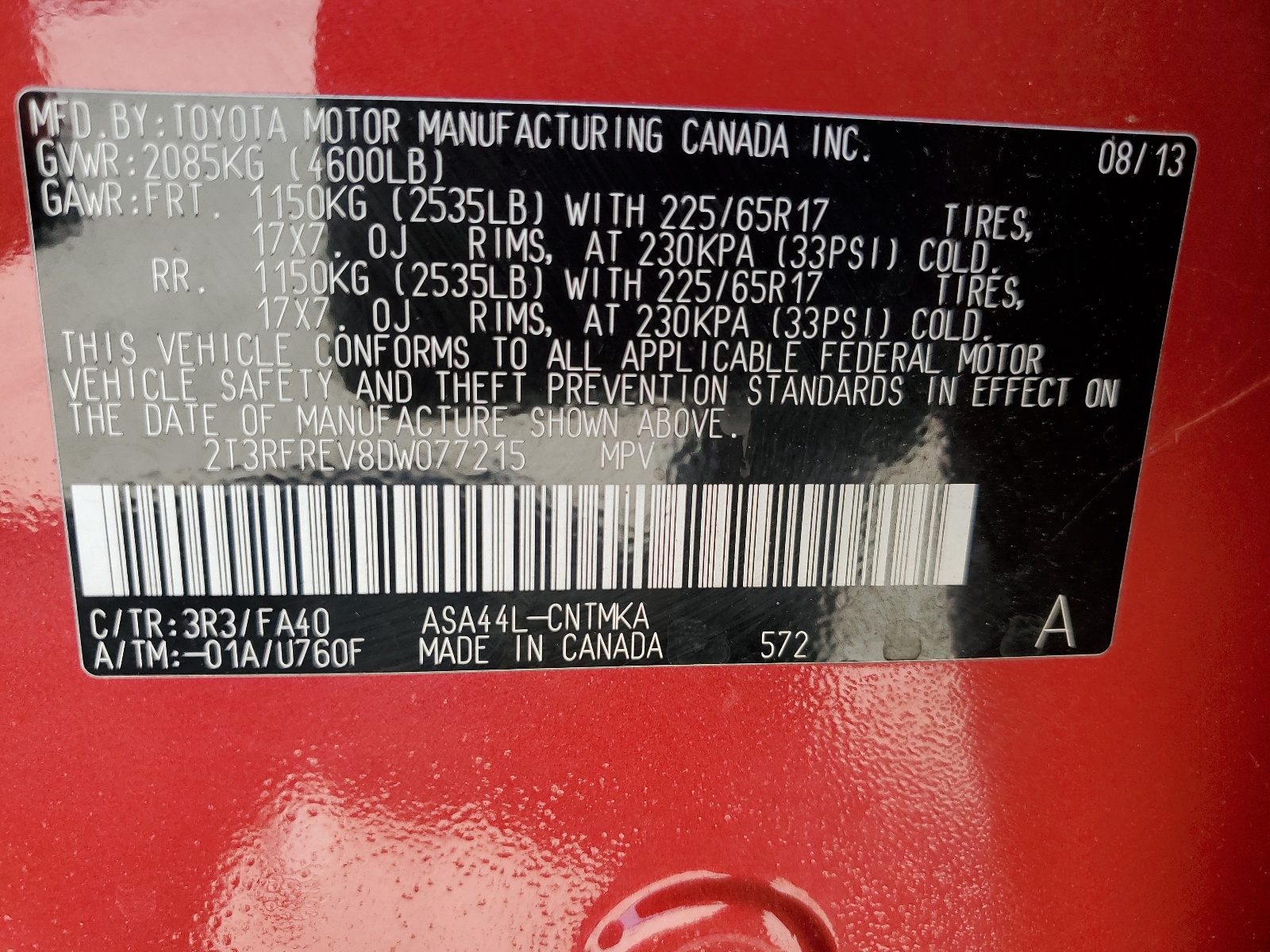 2T3RFREV8DW077215 2013 Toyota Rav4 Xle