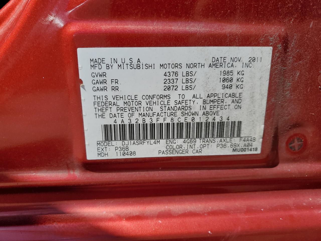 2012 Mitsubishi Galant Es VIN: 4A32B3FF8CE012434 Lot: 58016784