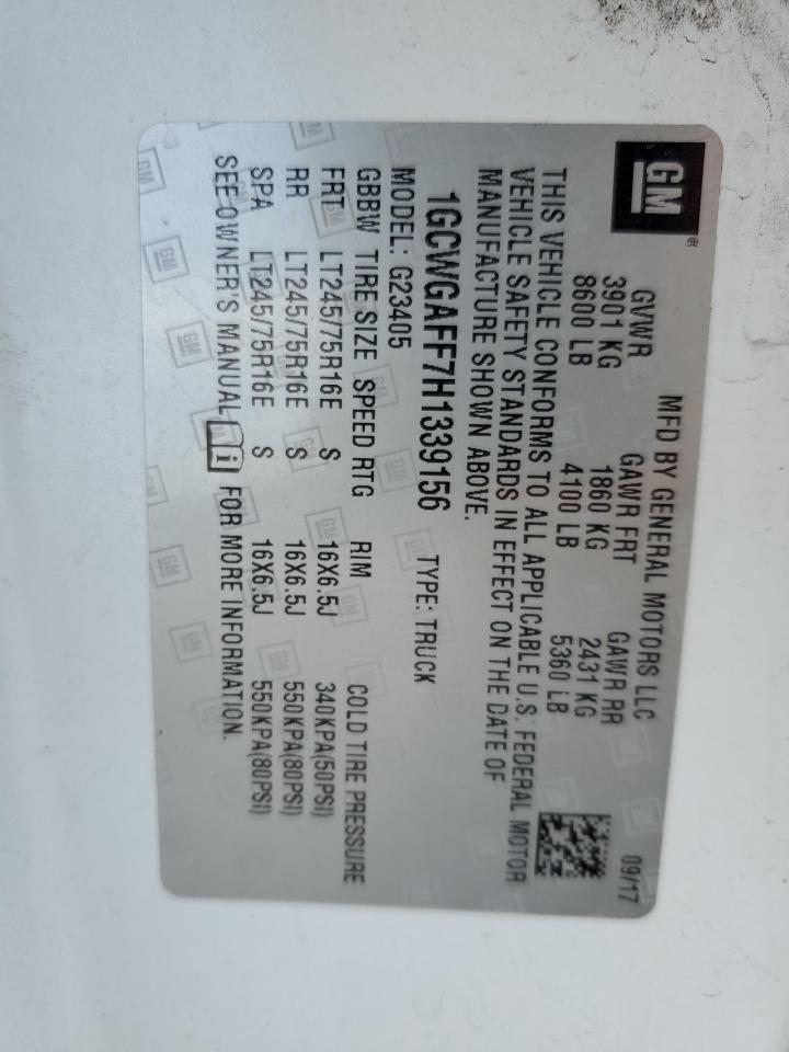 2017 Chevrolet Express G2500 VIN: 1GCWGAFF7H1339156 Lot: 57454754