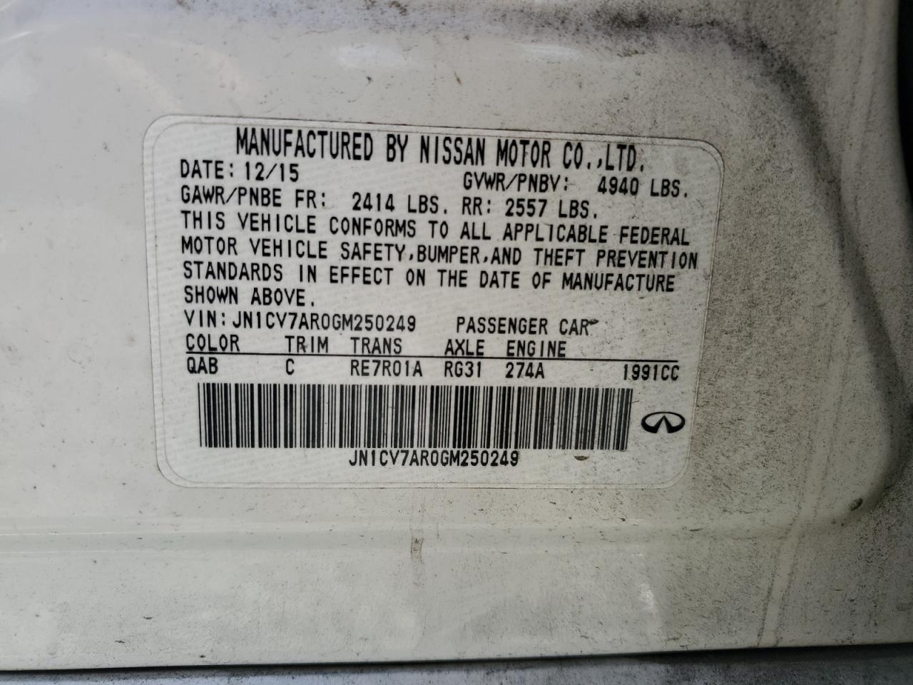 2016 Infiniti Q50 Base VIN: JN1CV7AR0GM250249 Lot: 58664224