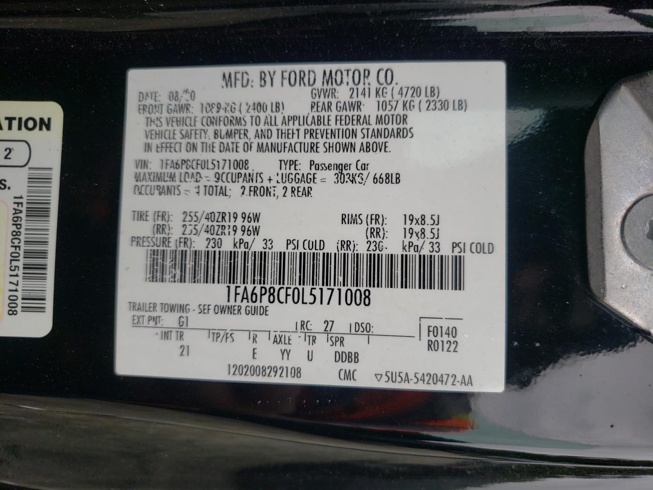 2020 Ford Mustang Gt VIN: 1FA6P8CF0L5171008 Lot: 57895254