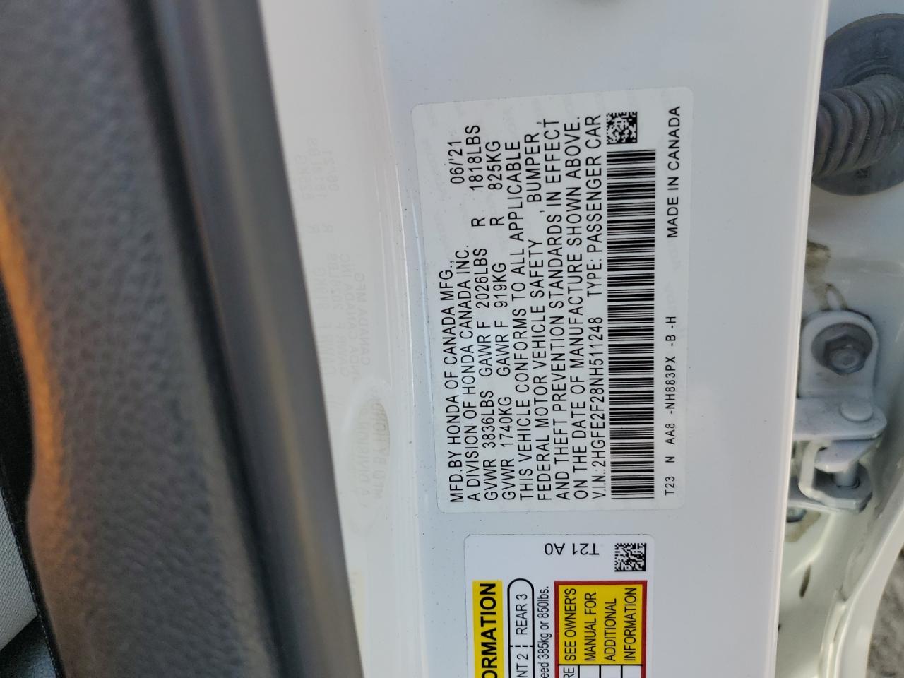 2HGFE2F28NH511248 2022 Honda Civic Lx