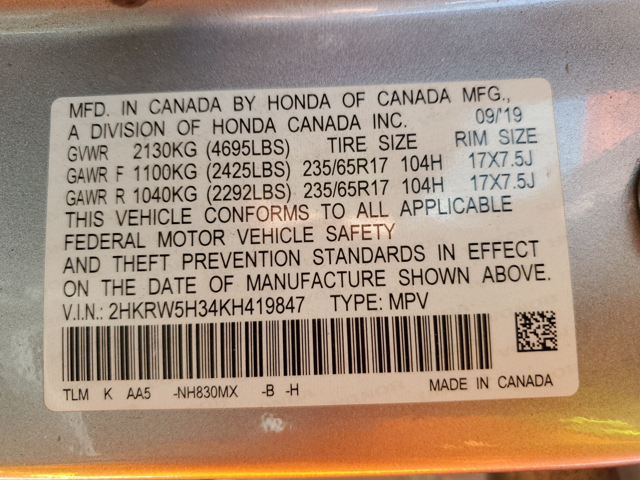 2HKRW5H34KH419847 2019 Honda Cr-V Lx