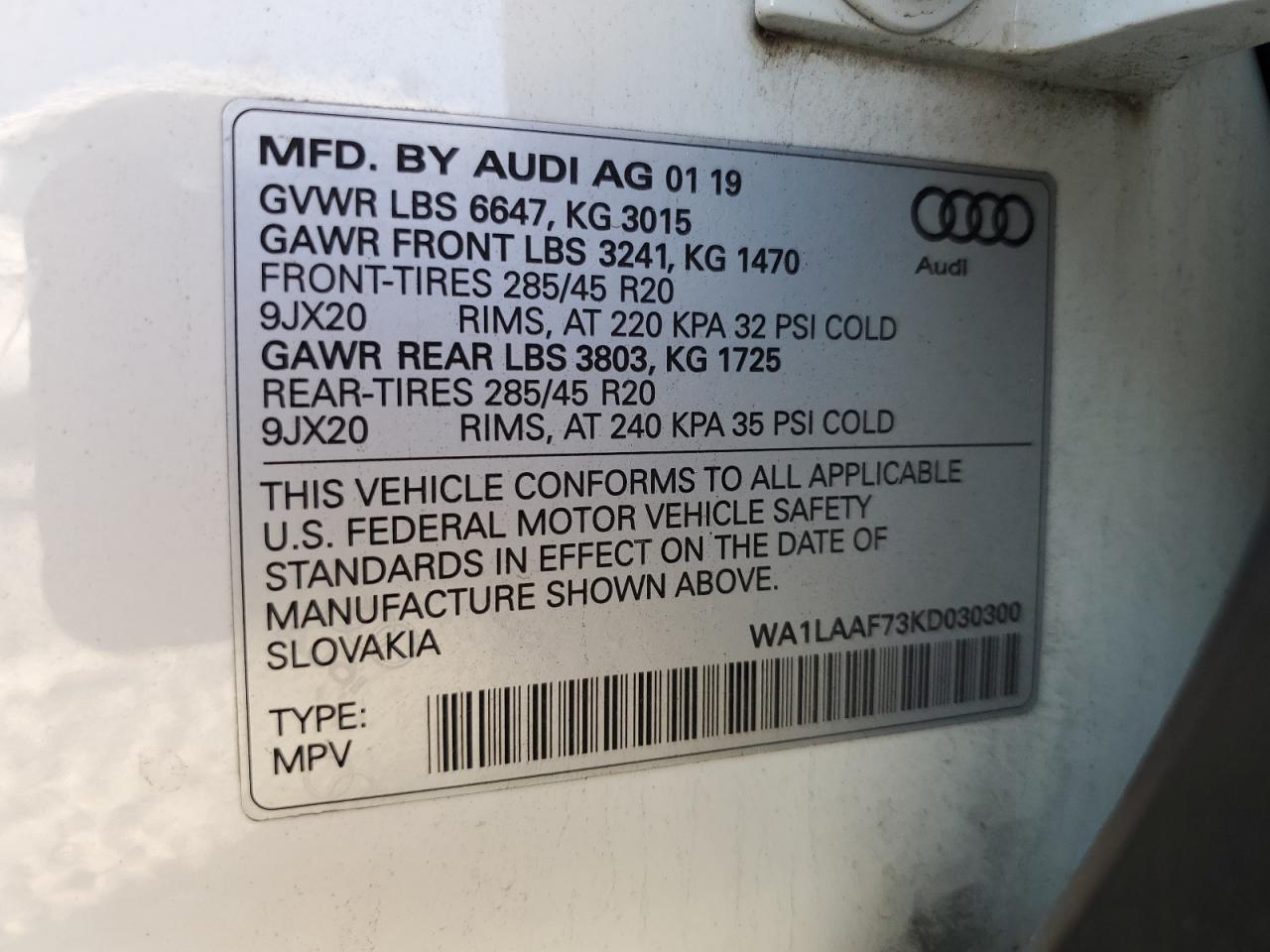 WA1LAAF73KD030300 2019 Audi Q7 Premium Plus