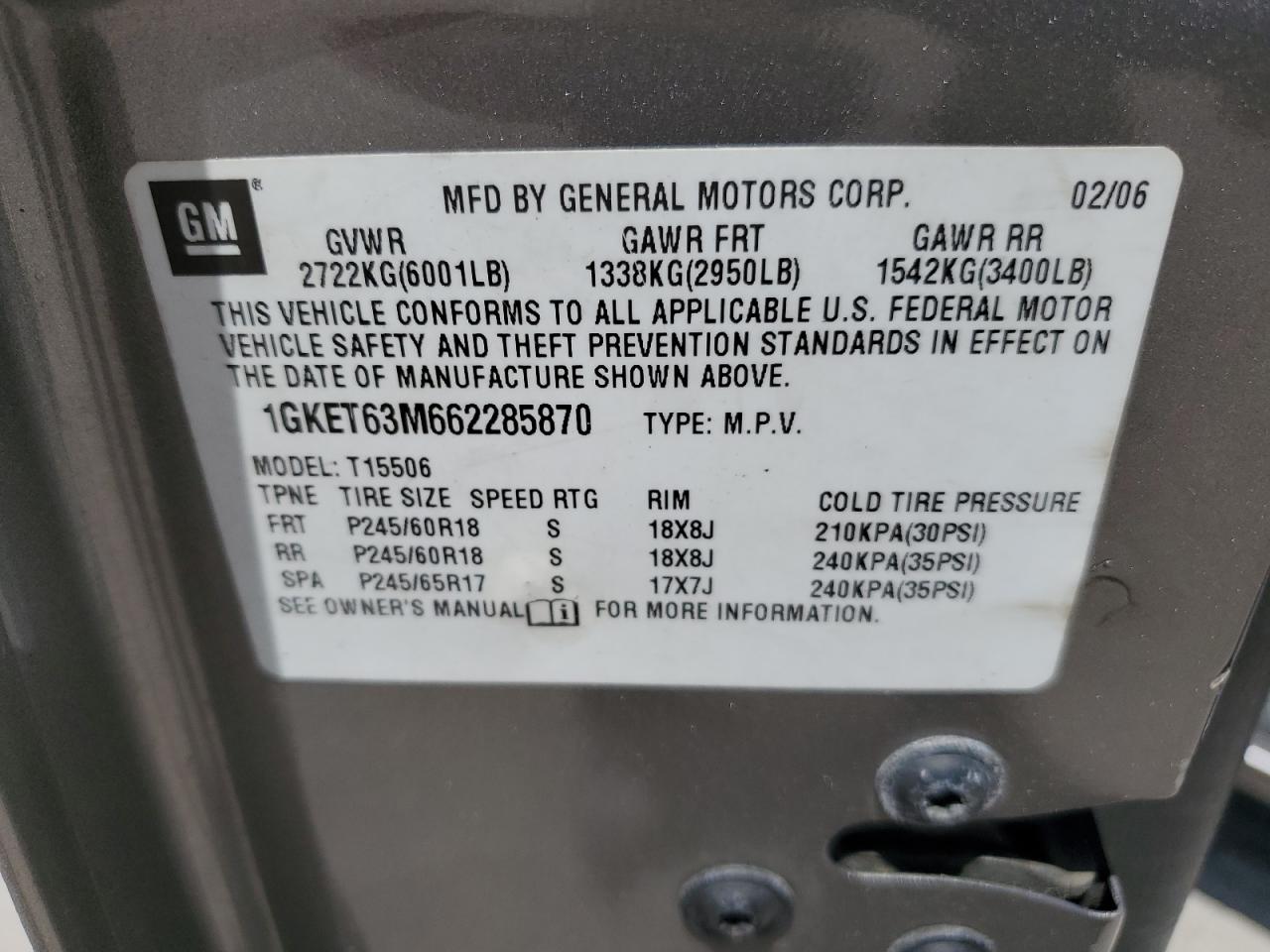 1GKET63M662285870 2006 GMC Envoy Denali