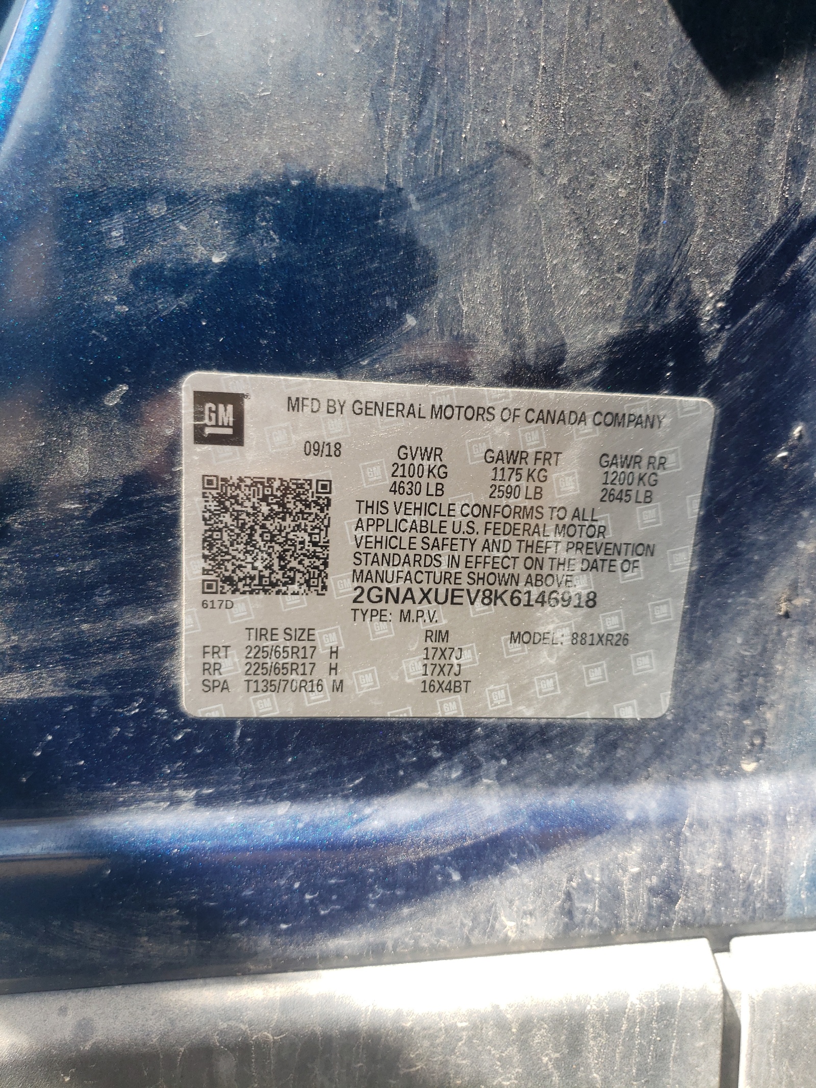 2GNAXUEV8K6146918 2019 Chevrolet Equinox Lt