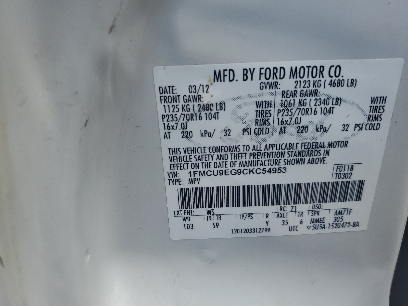 1FMCU9EG9CKC54953 2012 Ford Escape Limited