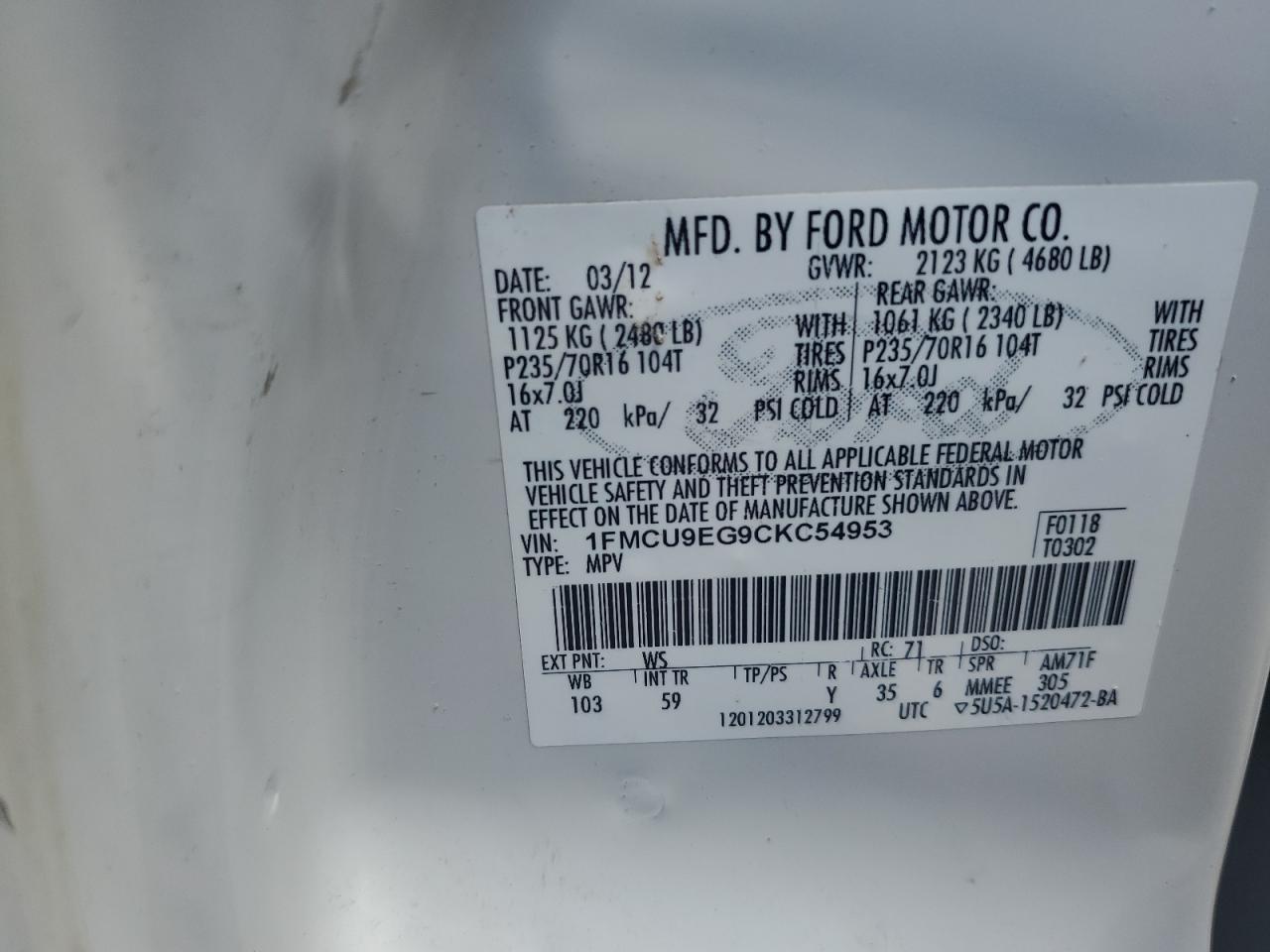 2012 Ford Escape Limited VIN: 1FMCU9EG9CKC54953 Lot: 57319674