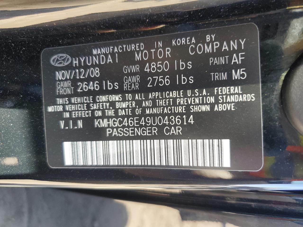 2009 Hyundai Genesis 3.8L VIN: KMHGC46E49U043614 Lot: 59674594