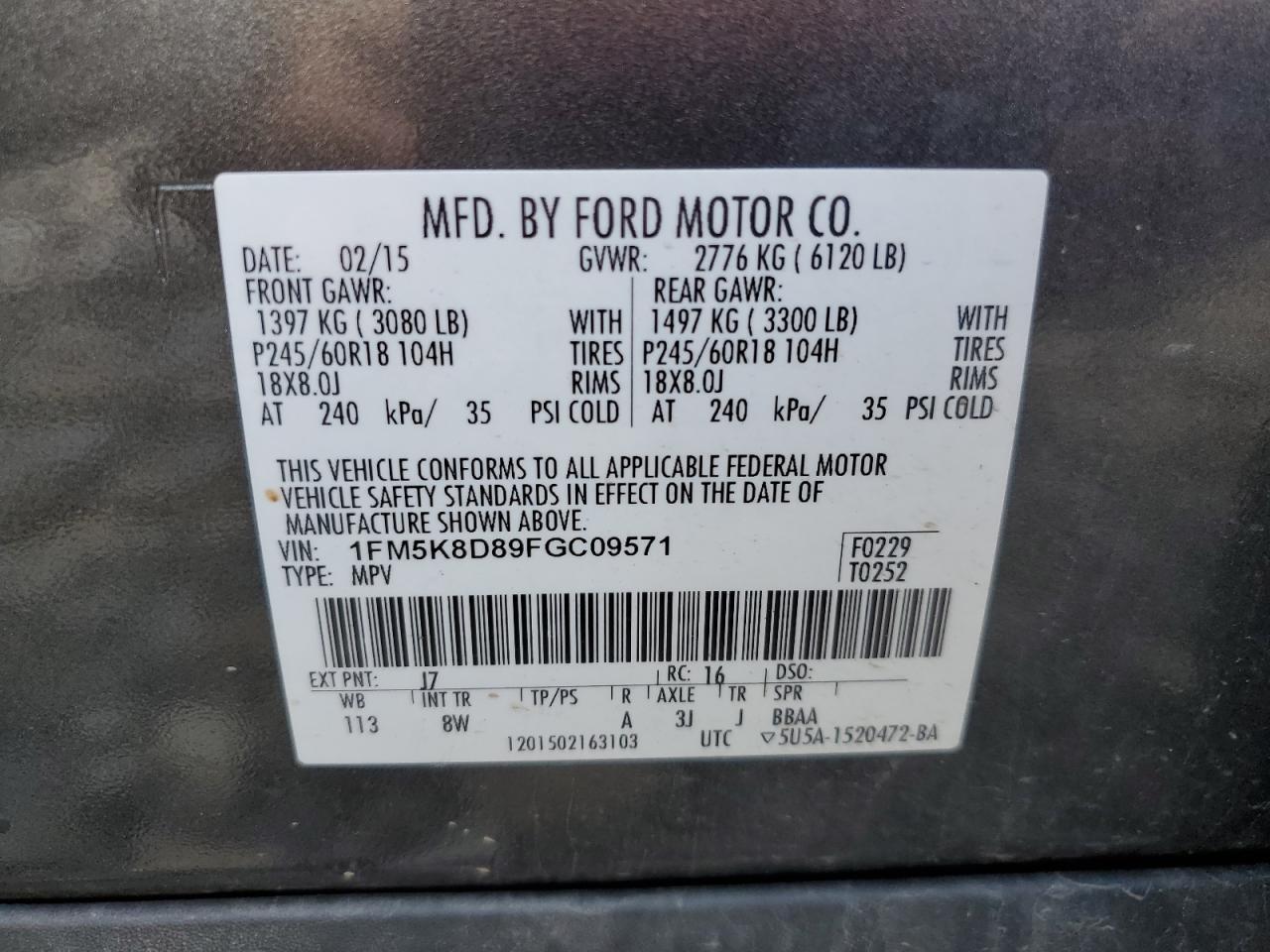 1FM5K8D89FGC09571 2015 Ford Explorer Xlt