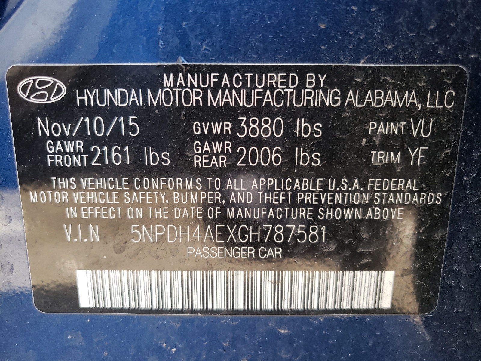 2016 Hyundai Elantra Se vin: 5NPDH4AEXGH787581