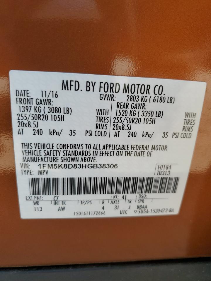 2017 Ford Explorer Xlt VIN: 1FM5K8D83HGB38306 Lot: 60055224