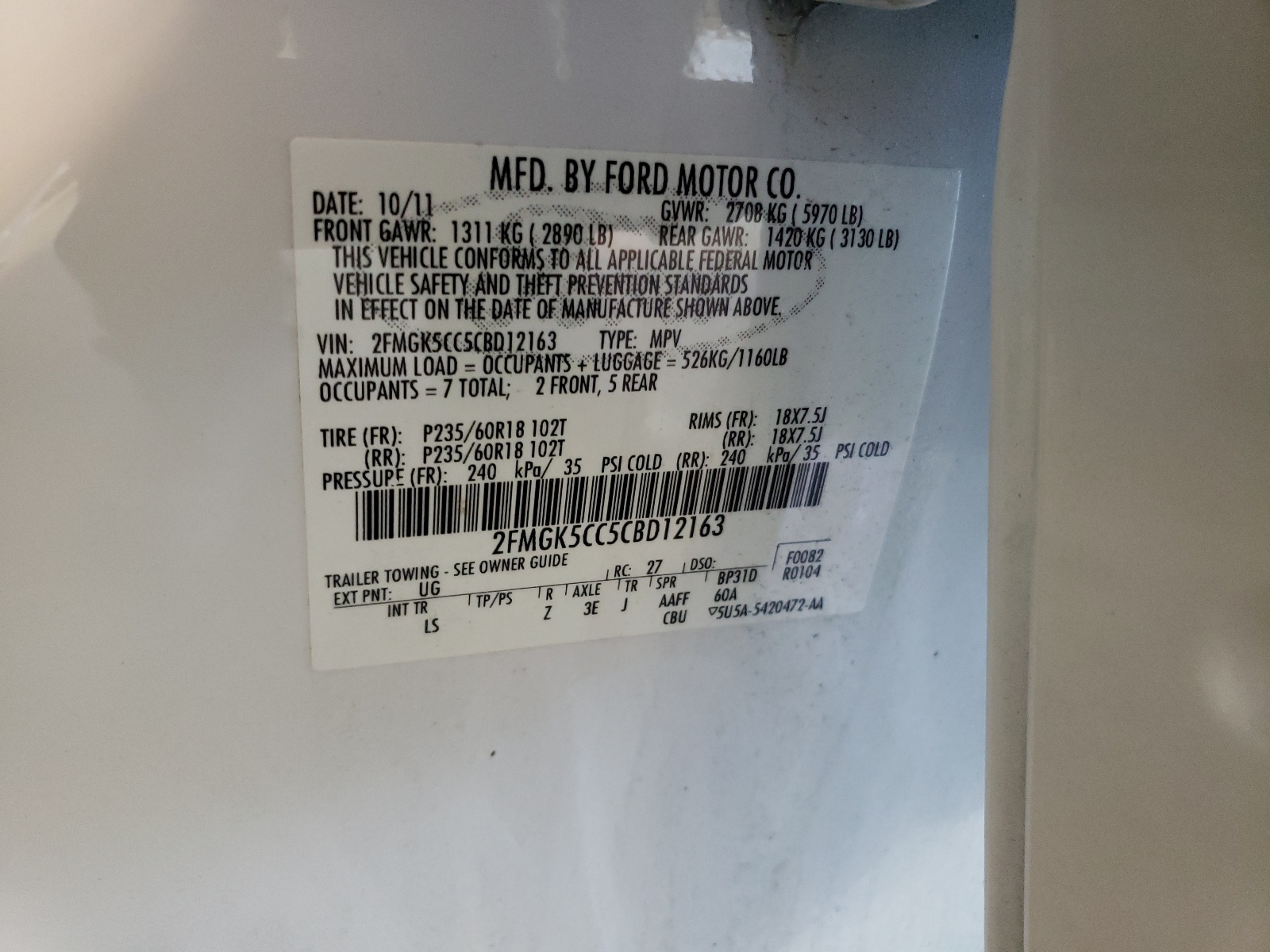 2FMGK5CC5CBD12163 2012 Ford Flex Sel