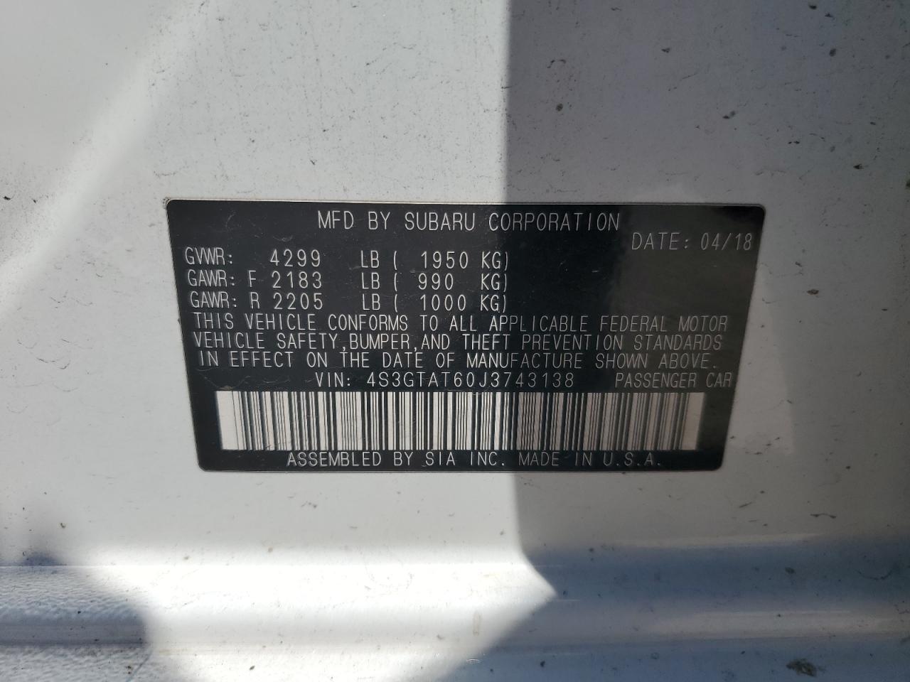 2018 Subaru Impreza Limited VIN: 4S3GTAT60J3743138 Lot: 58920904