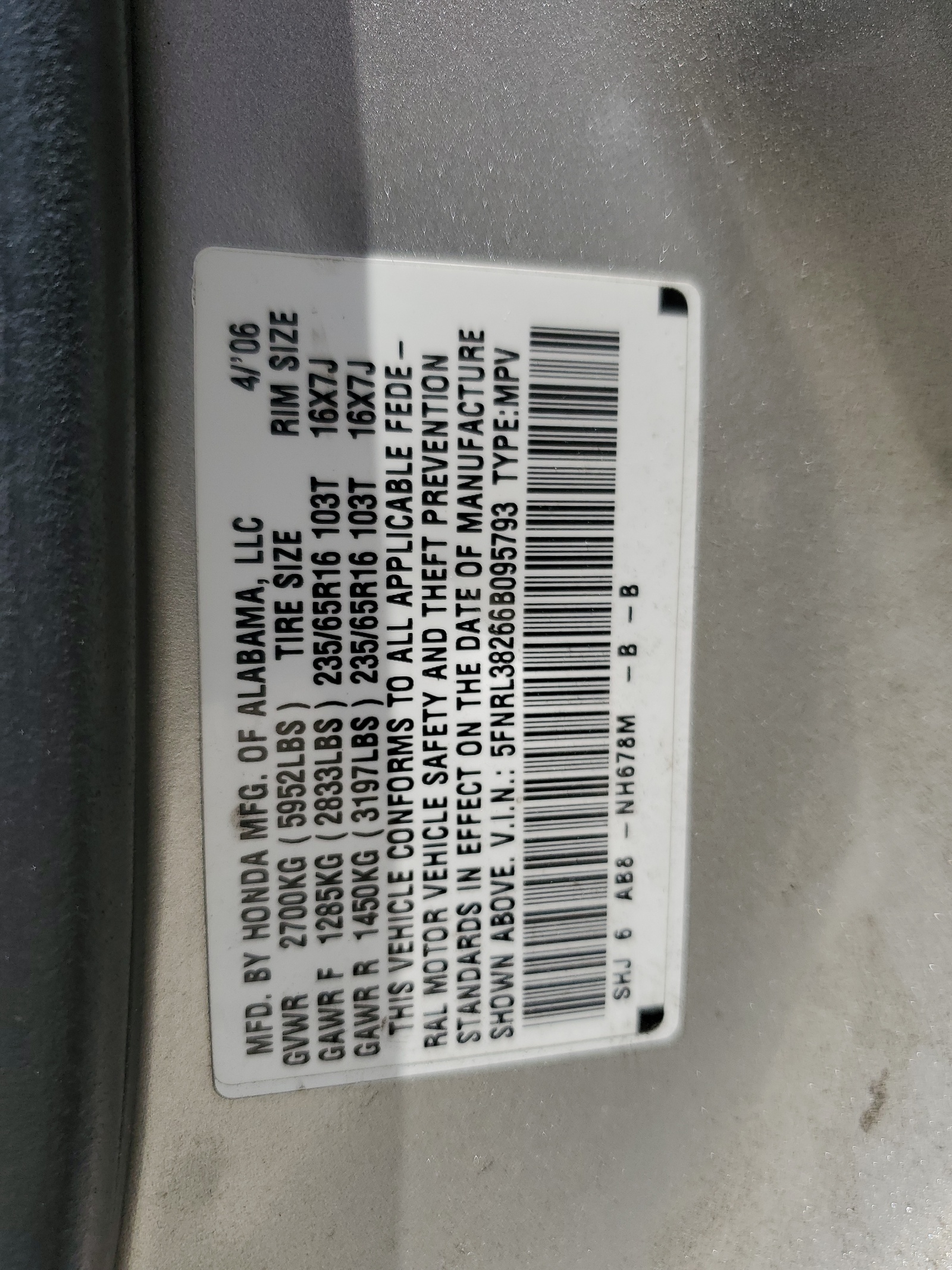5FNRL38266B095793 2006 Honda Odyssey Lx