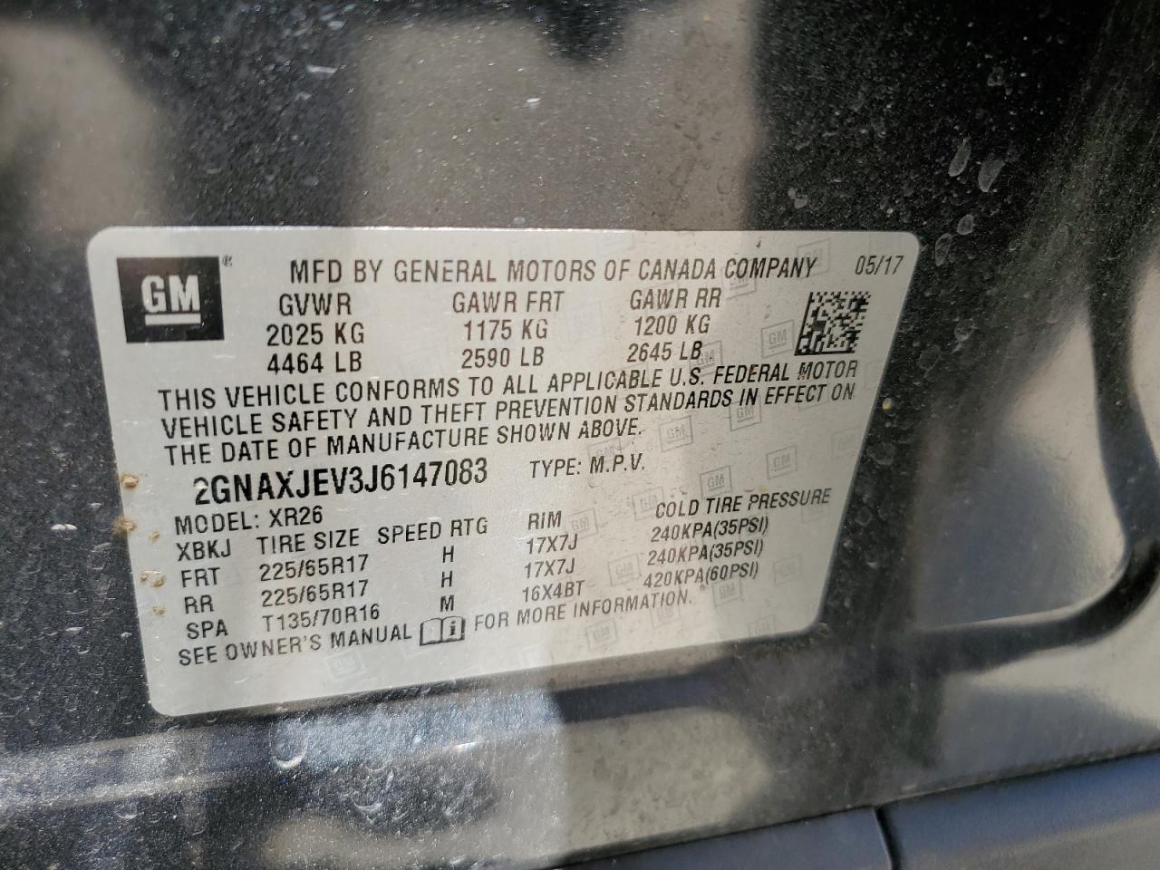 2018 Chevrolet Equinox Lt VIN: 2GNAXJEV3J6147083 Lot: 57627264