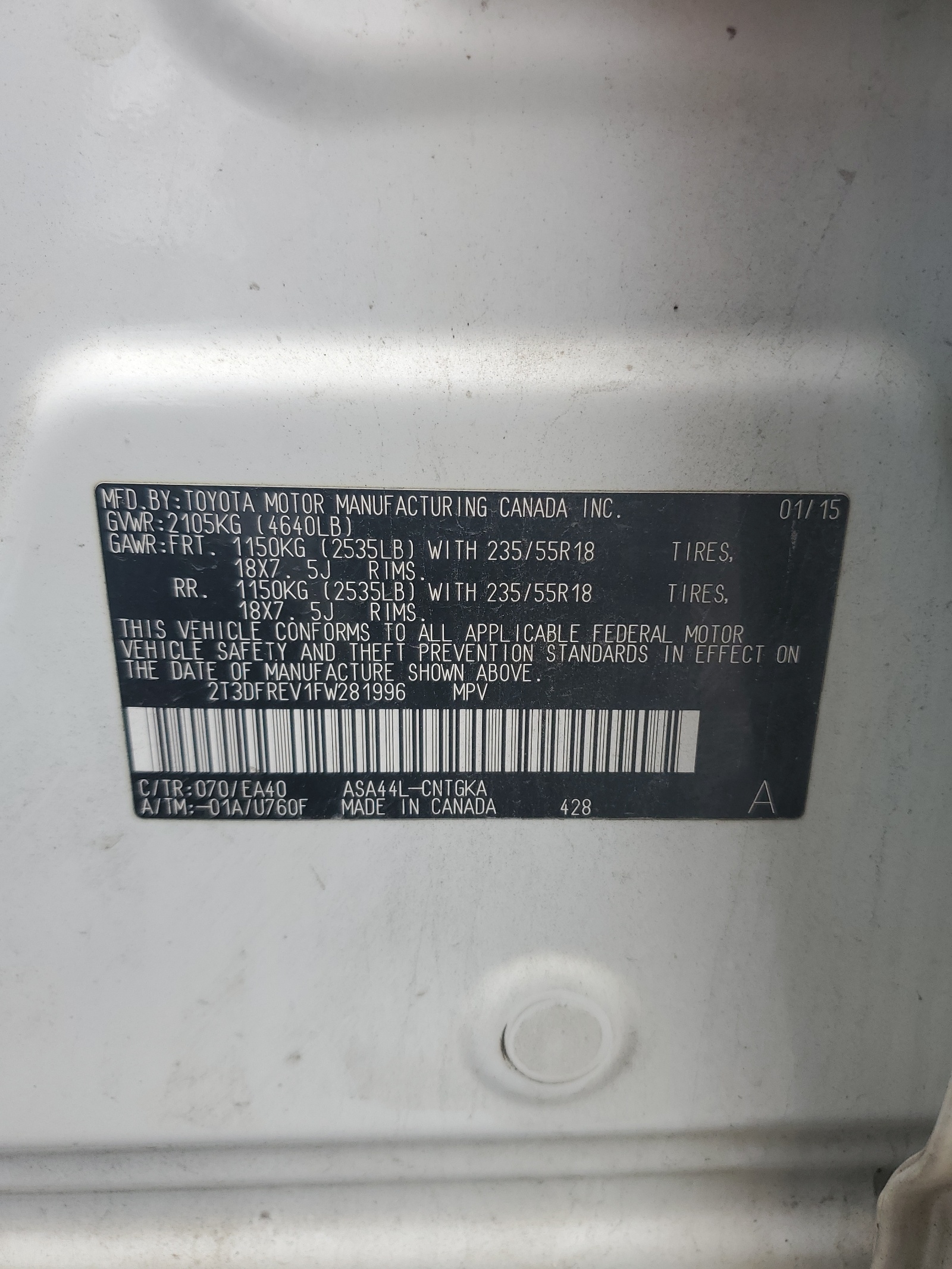 2T3DFREV1FW281996 2015 Toyota Rav4 Limited