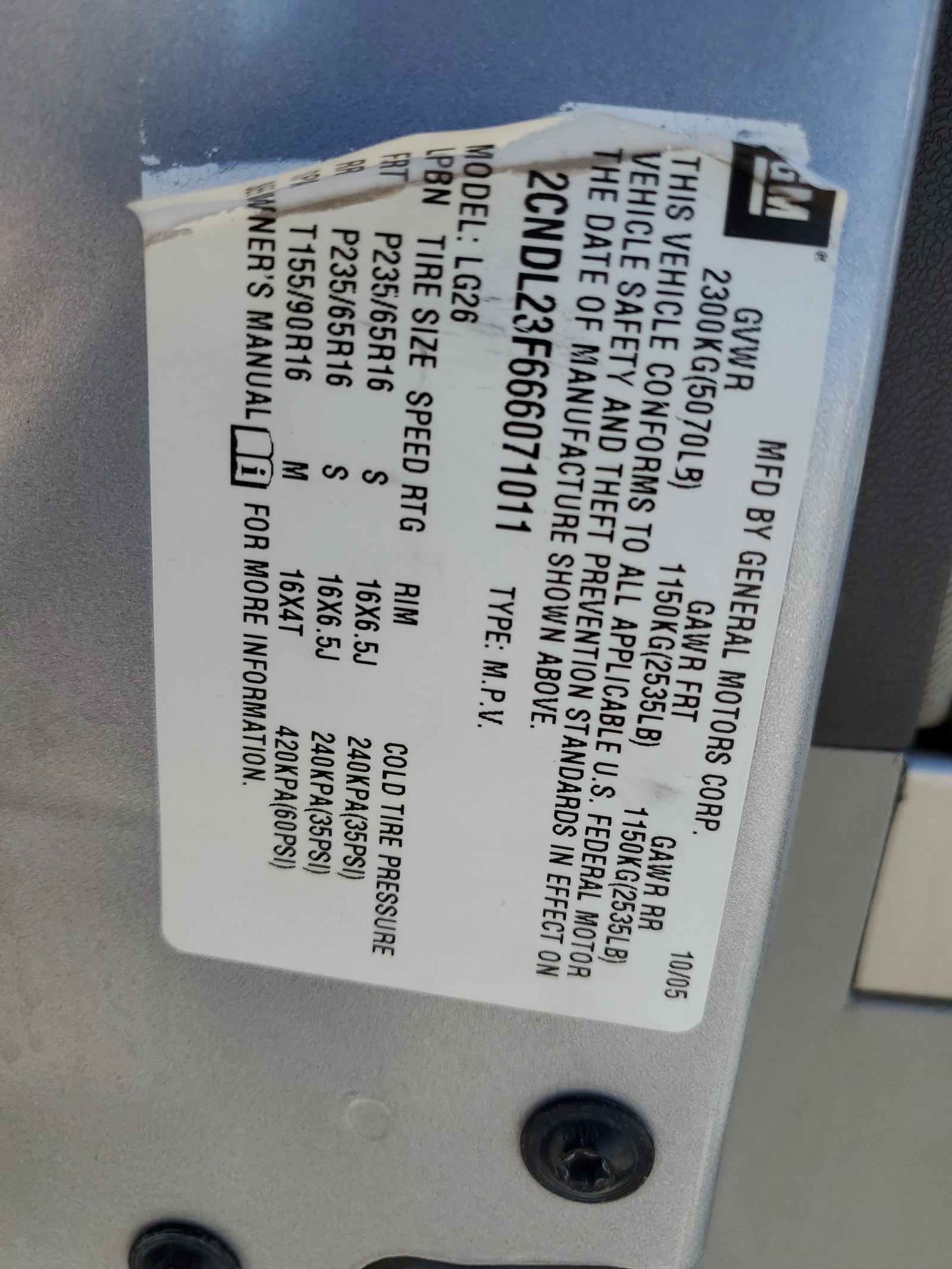 2CNDL23F666071011 2006 Chevrolet Equinox Ls