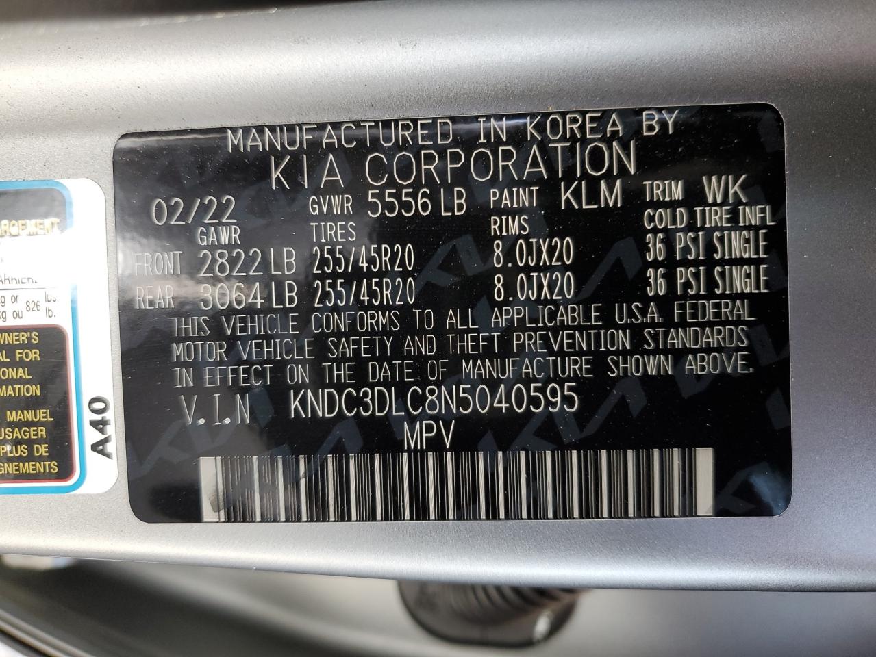 KNDC3DLC8N5040595 2022 Kia Ev6 Light