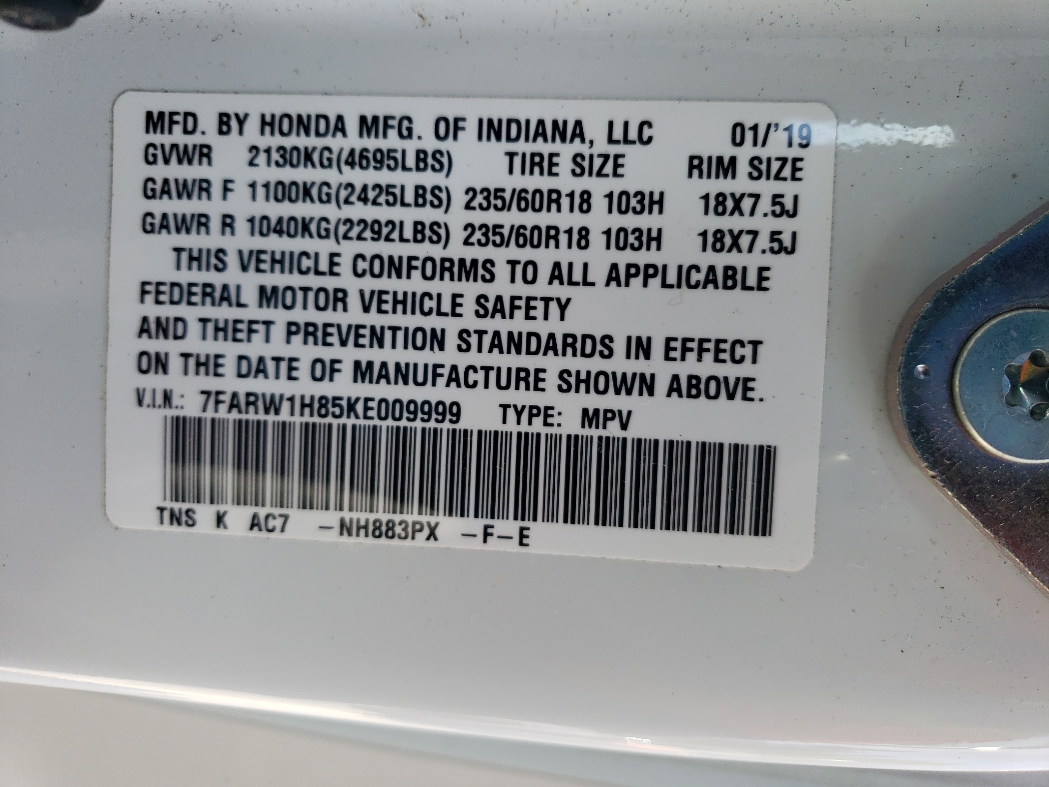 7FARW1H85KE009999 2019 Honda Cr-V Exl