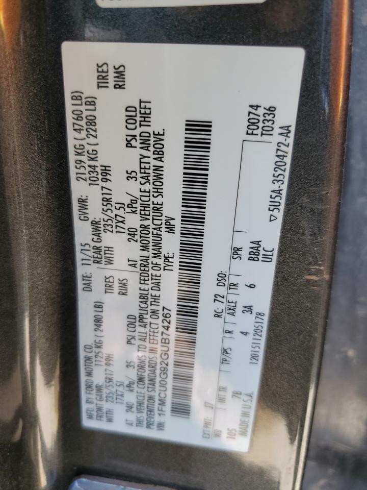 2016 Ford Escape Se VIN: 1FMCU0G92GUB74267 Lot: 58890254