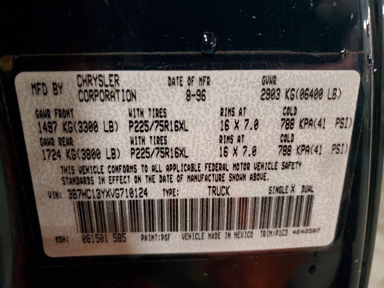 1997 Dodge Ram 1500 VIN: 3B7HC13YXVG710124 Lot: 55693554