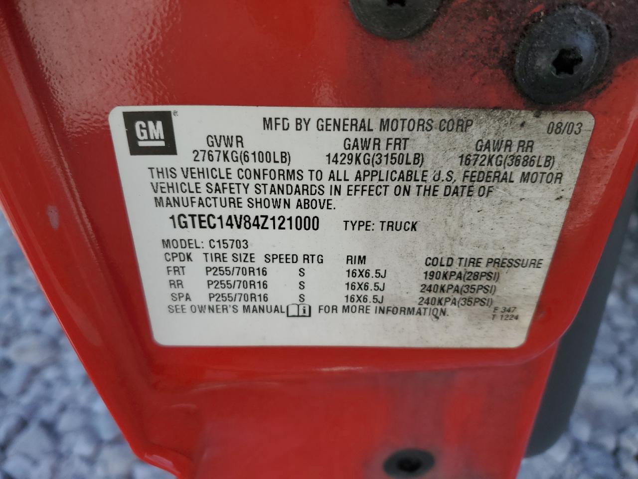 2004 GMC New Sierra C1500 VIN: 1GTEC14V84Z121000 Lot: 58502524