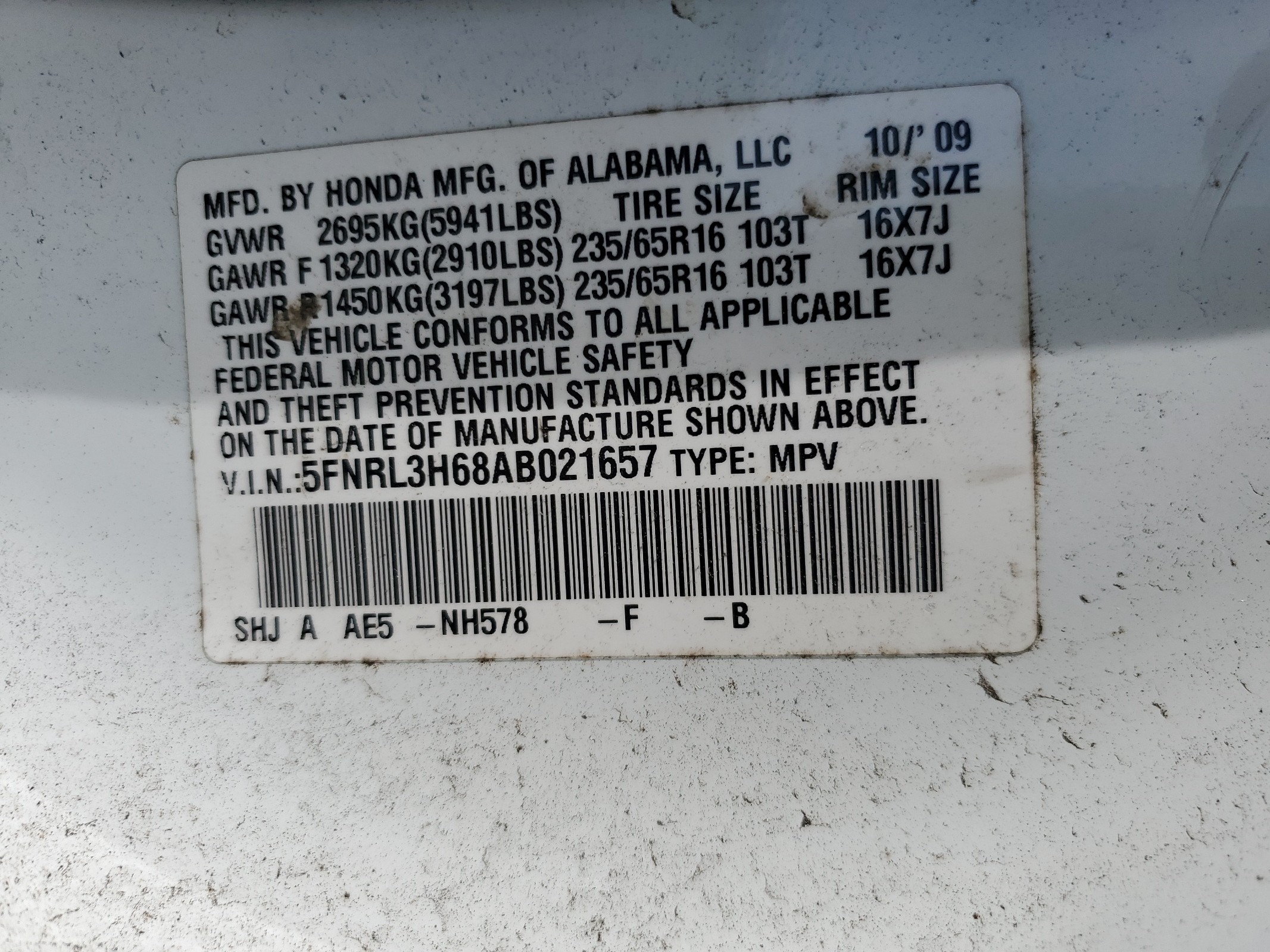 5FNRL3H68AB021657 2010 Honda Odyssey Exl